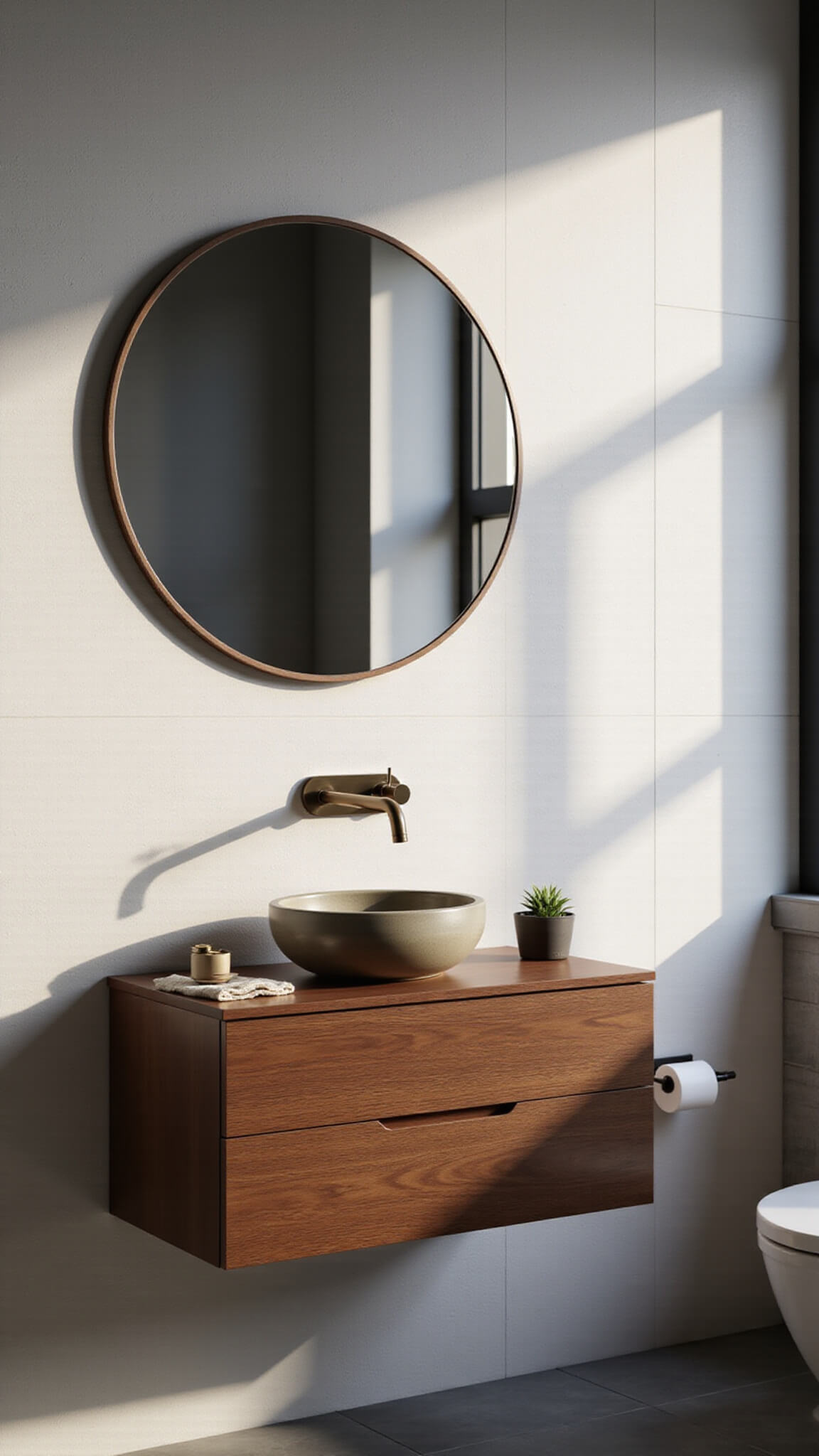 Modern minimalist vanity in small urban bathroom with floating walnut cabinet, vessel sink, brass faucet, and round mirror reflecting soft morning light.