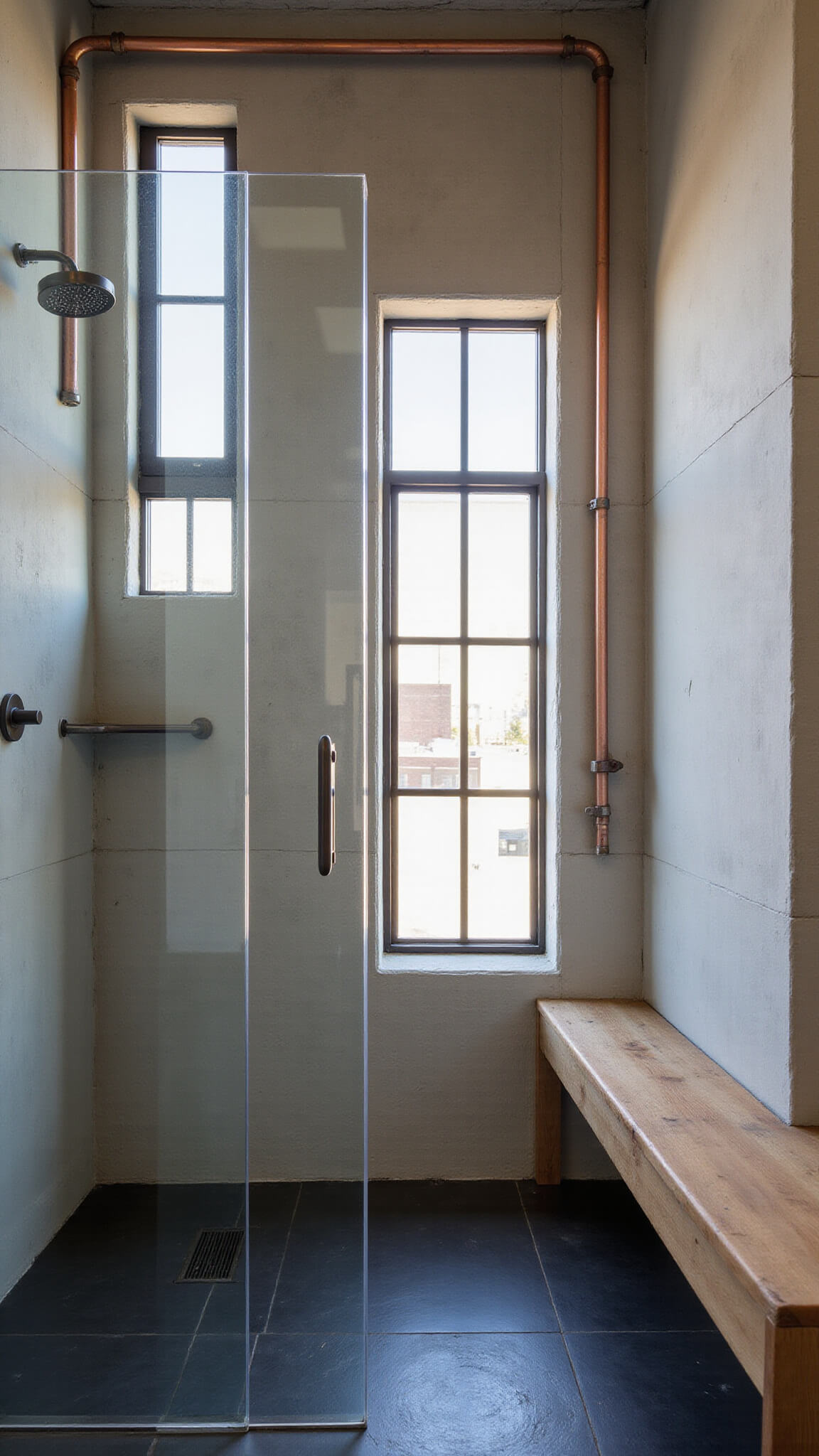 Industrial-chic loft bathroom with exposed copper pipes, concrete walls, black slate floor, teak bench, and dramatic afternoon light through gridded windows.