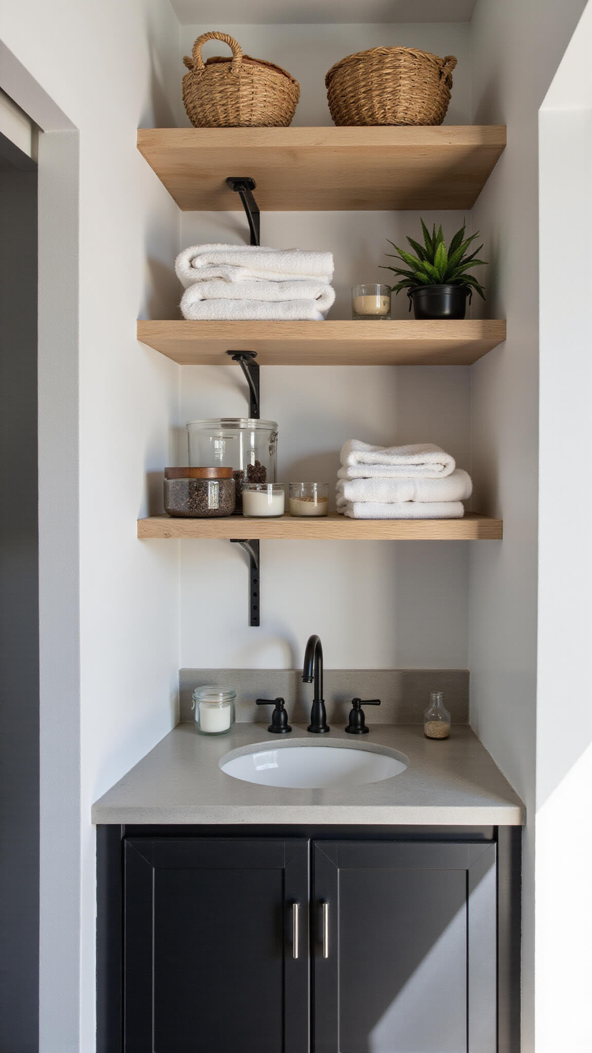 Contemporary urban bathroom with built-in white oak shelves, black metal accents, folded linens, woven baskets, and concrete countertop in soft morning light.
