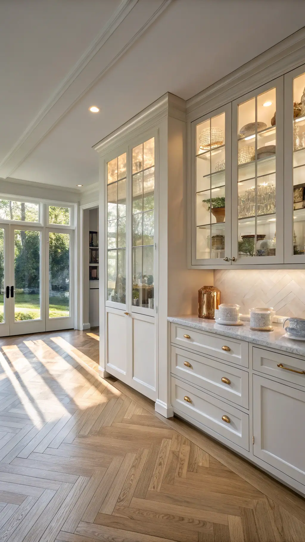 Modern sunlit kitchen with white oak herringbone floors, glass cabinets displaying porcelain dinnerware and copper cookware, captured at golden hour.