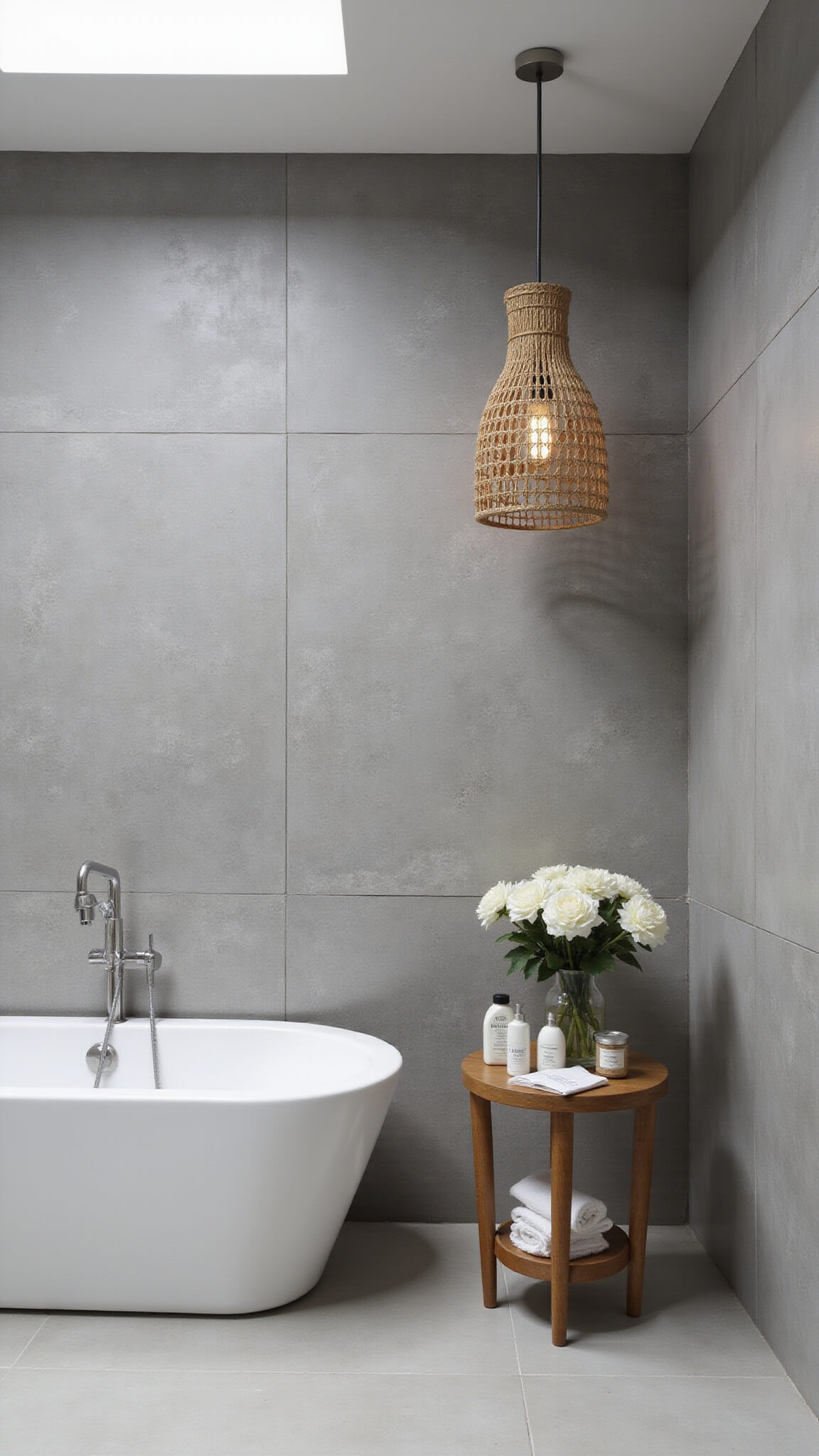 Spa-inspired urban bathroom with freestanding tub filler, teak bath caddy, woven pendant light, and gray porcelain tiles under natural skylight.