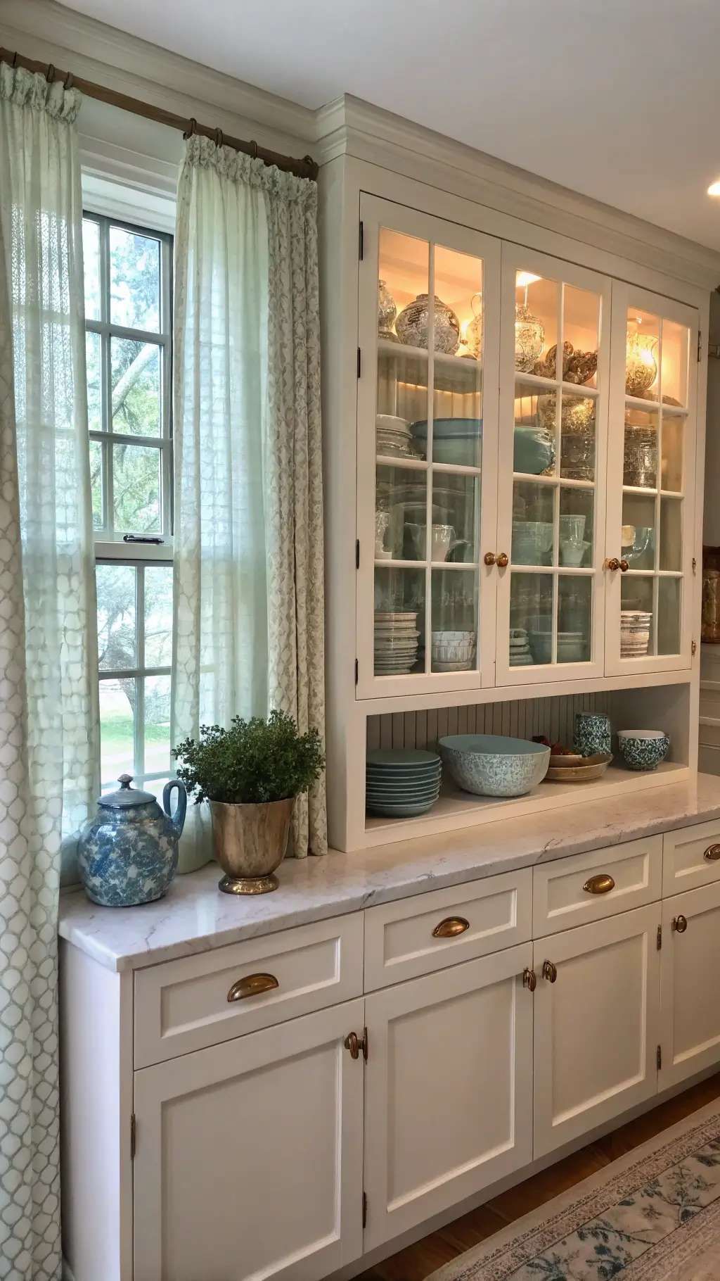 Serene morning kitchen with vintage blue and white chinaware in glass-front cabinets, soft dawn light through linen curtains, and warm antique brass accents.