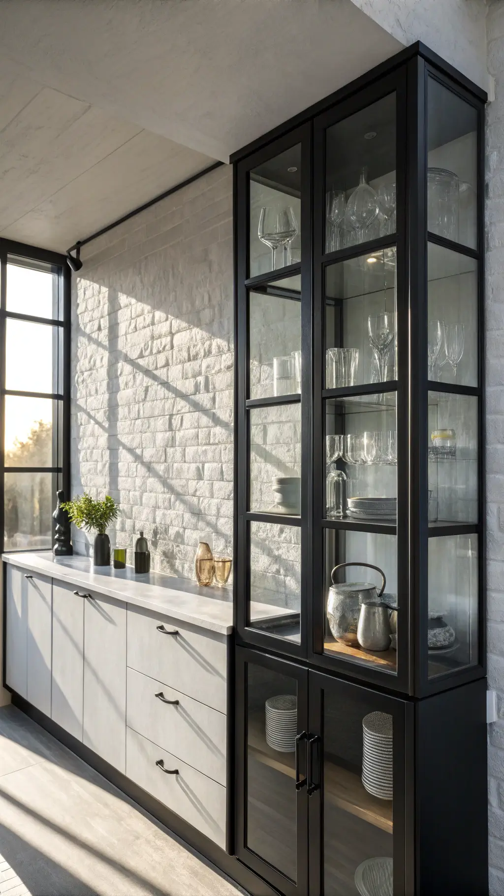 Minimalist 14x16ft kitchen with matte black-framed glass cabinets, bold side lighting, and floating shelves displaying black ceramics and crystal stemware.