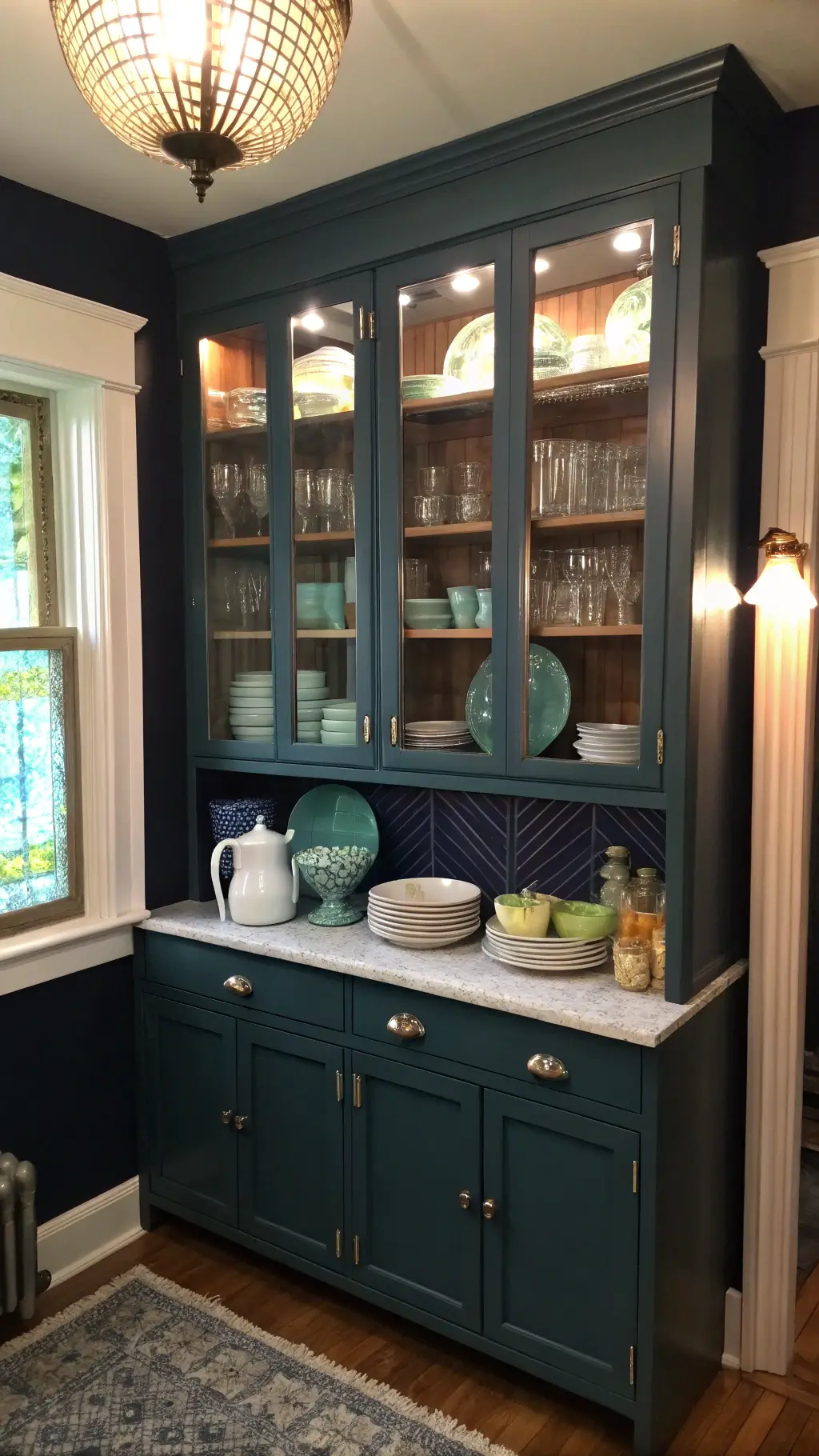 Cozy corner kitchen with 1920s glass-front cabinets, milk glass and jadeite dishes glowing against navy walls, silver accents reflecting blue hour light.