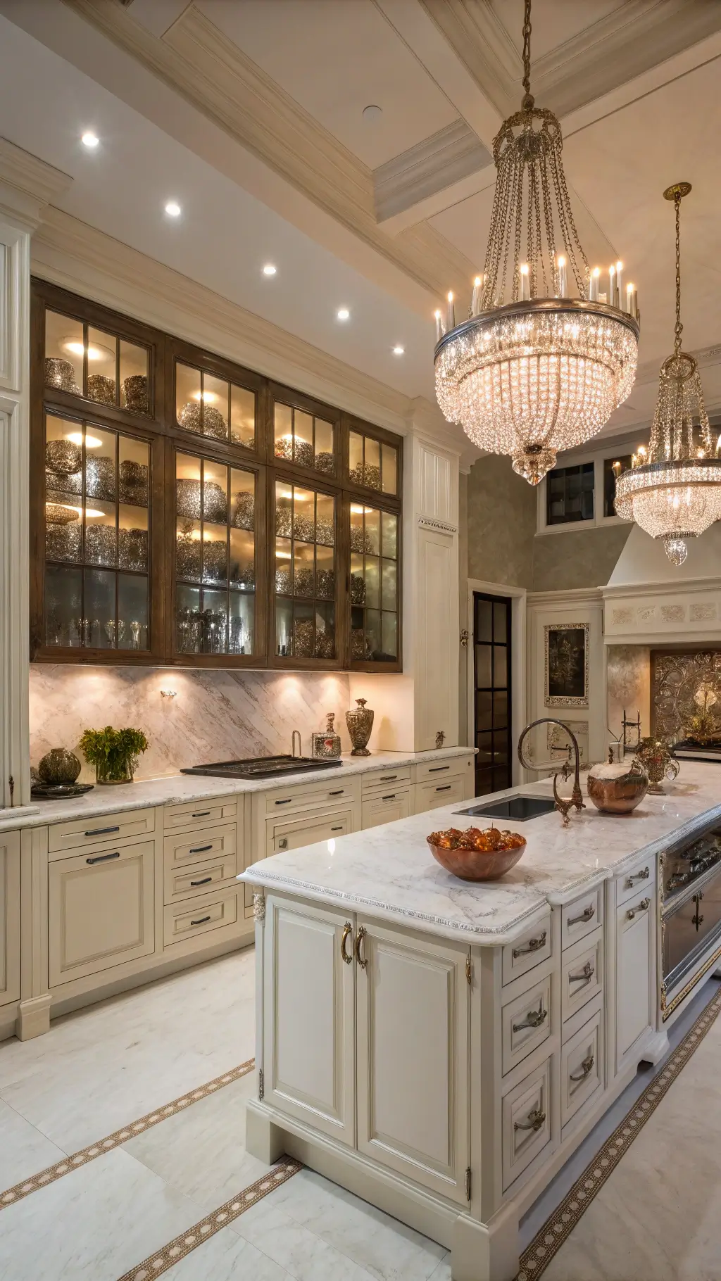 Luxurious 15x18ft chef's kitchen with double-height glass cabinets, crystal chandeliers, polished nickel hardware, marble countertops, and copper cookware, shot wide-angle at twilight.