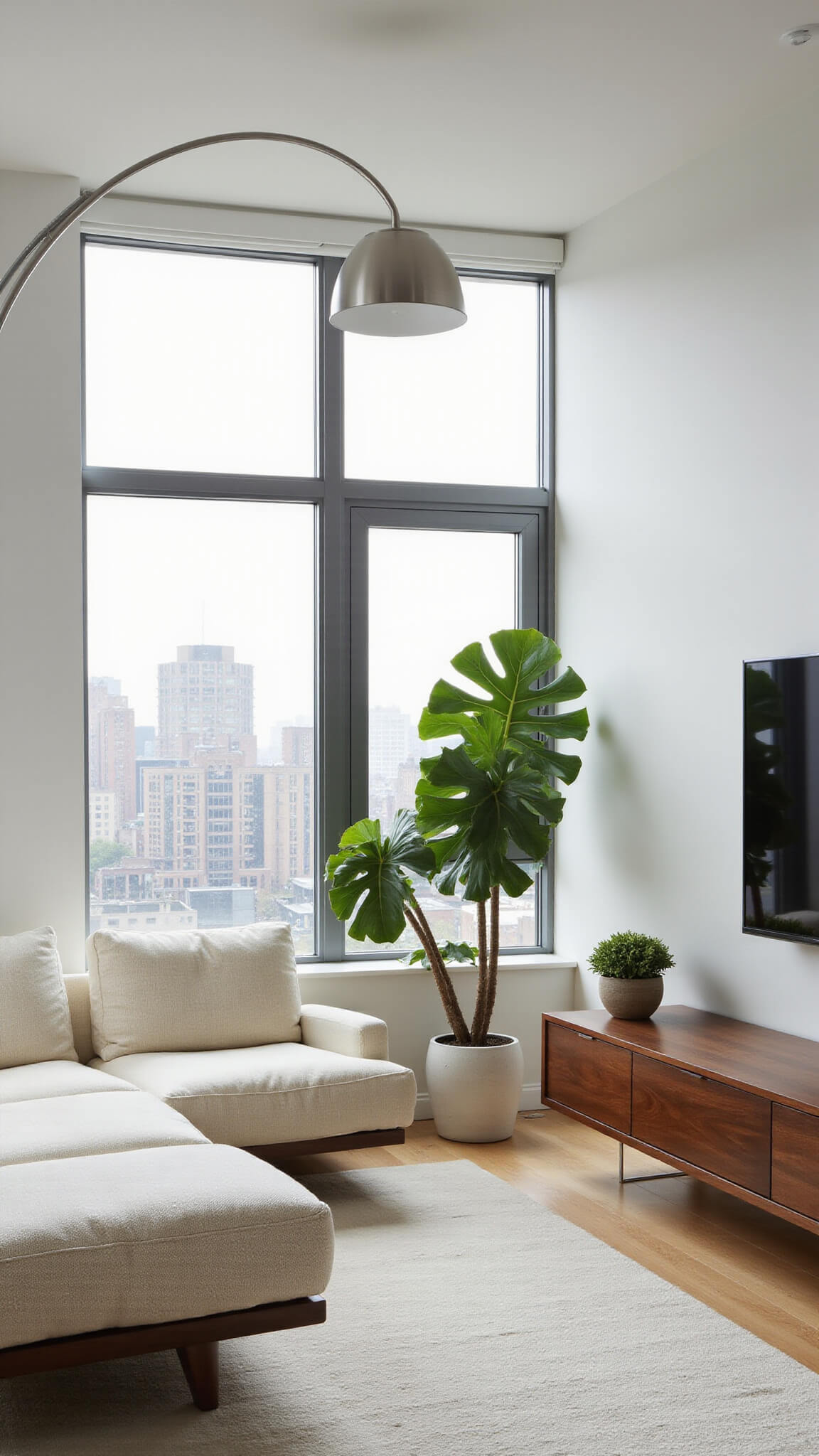 Minimalist corner living room with cream bouclé sectional, walnut media console, and fiddle leaf figs in bright natural light.