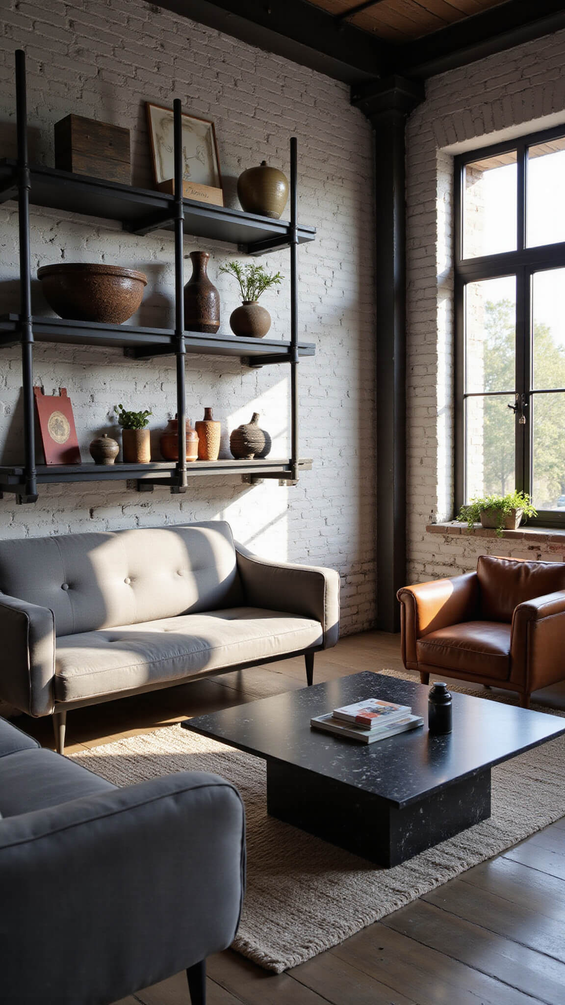 Converted warehouse with brick walls, steel beam ceiling, and moody lighting showcasing industrial furniture and decor in late afternoon shadows.