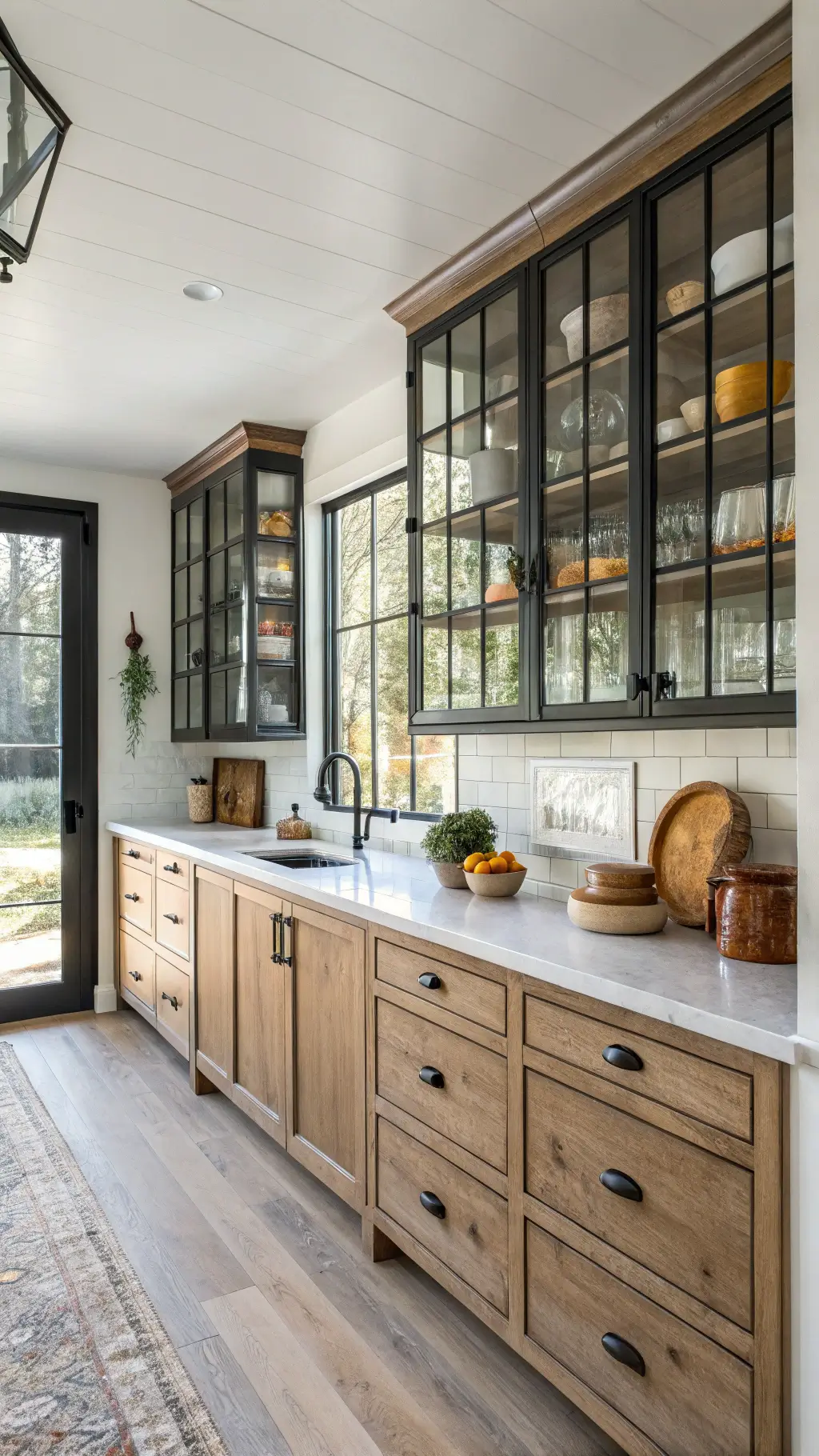 Modern farmhouse kitchen with glass-front black steel cabinets, ironstone pottery, amber glass vessels, and weathered wood accents in natural morning light.