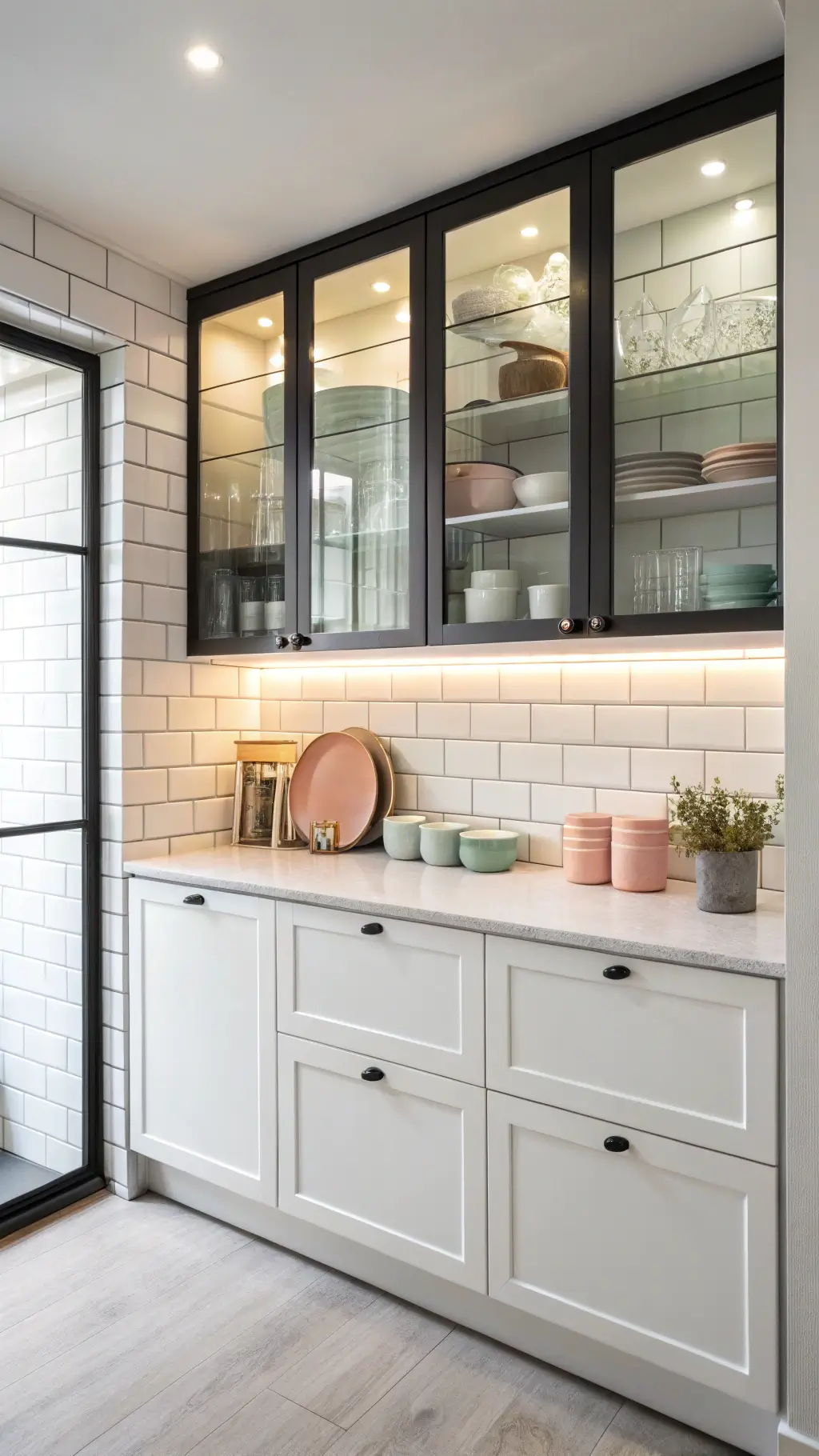 Compact 9x11ft urban kitchen with glass upper cabinets, white subway tile, pastel Scandinavian ceramics, and matte black accents in bright, even late morning light.