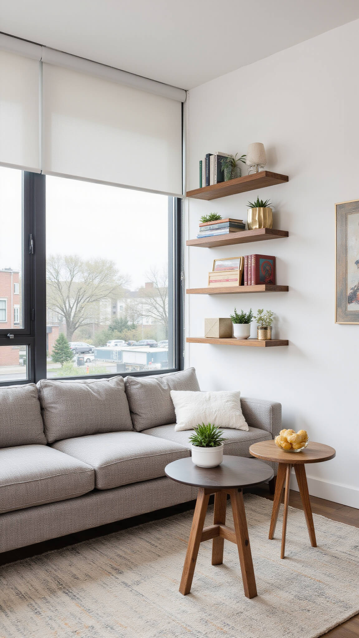 Compact 12x15ft modern living area with greige sectional, floating wooden shelves, metallic accents, and layered rugs in diffused midday light.