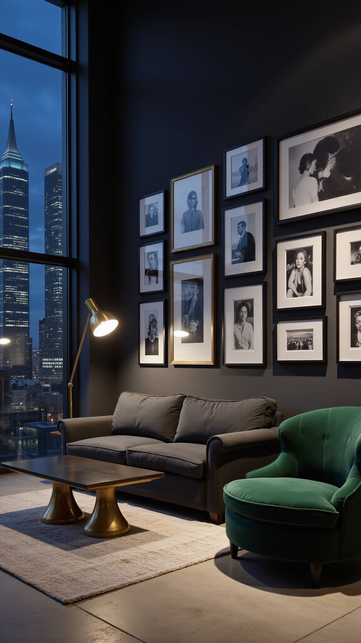 Moody metropolitan living space at dusk with city lights through tall windows, charcoal modular seating, brass accents, black and white photo gallery wall, sculptural floor lamp, and green velvet armchair.