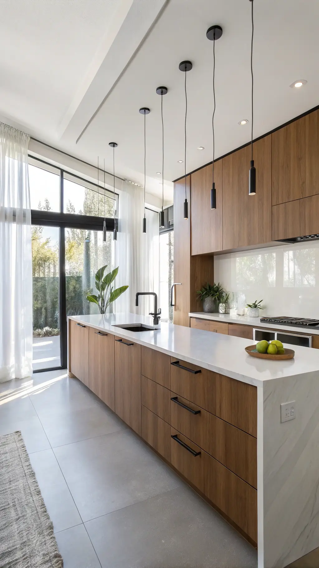Modern minimalist kitchen with cherry wood cabinets, white quartz waterfall countertop, matte black fixtures, and floor-to-ceiling windows diffusing morning light through sheer drapes.