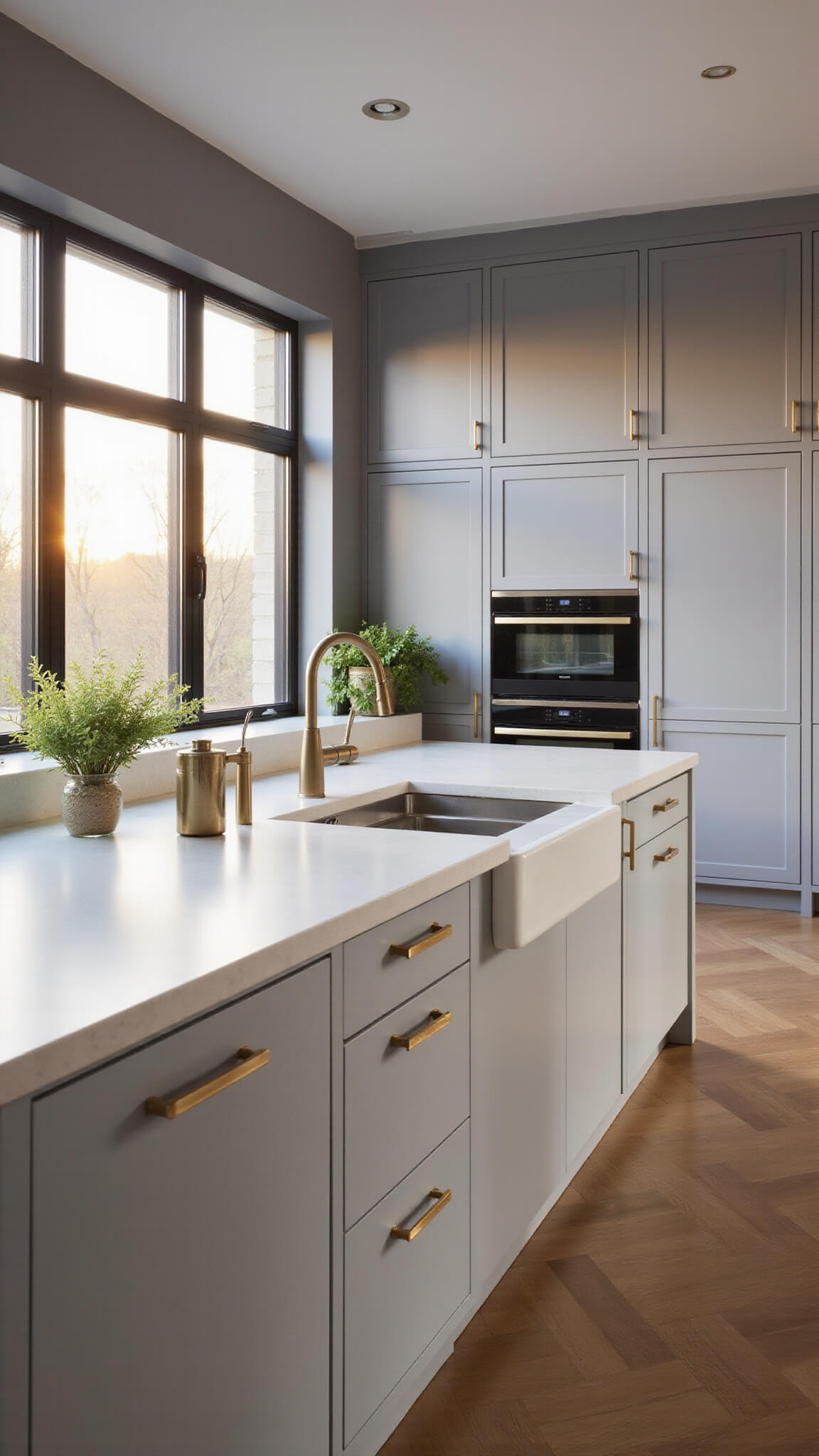 Modern handle-less dove grey kitchen with floor-to-ceiling cabinets, white waterfall island, and warm golden hour lighting.