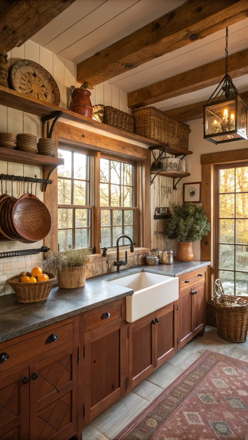 Rustic farmhouse kitchen with cherry wood cabinets, soapstone countertops, and exposed wooden beams, lit by golden hour light through mullioned windows.