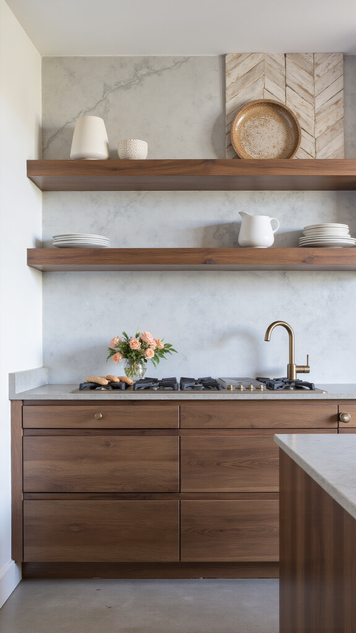 Contemporary kitchen with veined marble backsplash, walnut shelves, brushed bronze fixtures, herringbone ceramic tiles, and concrete floors, shot from elevated angle with focus stacking to highlight textures.