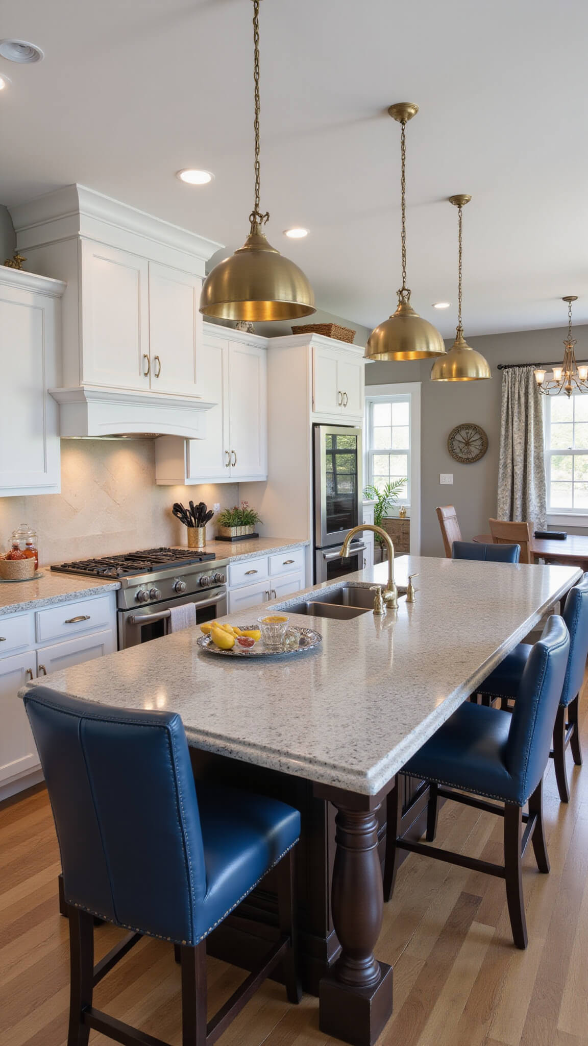 Multifunctional 8x4ft kitchen island with sink, induction cooktop, wine fridge, navy leather barstools, and aged brass pendant lights in warm evening lighting.