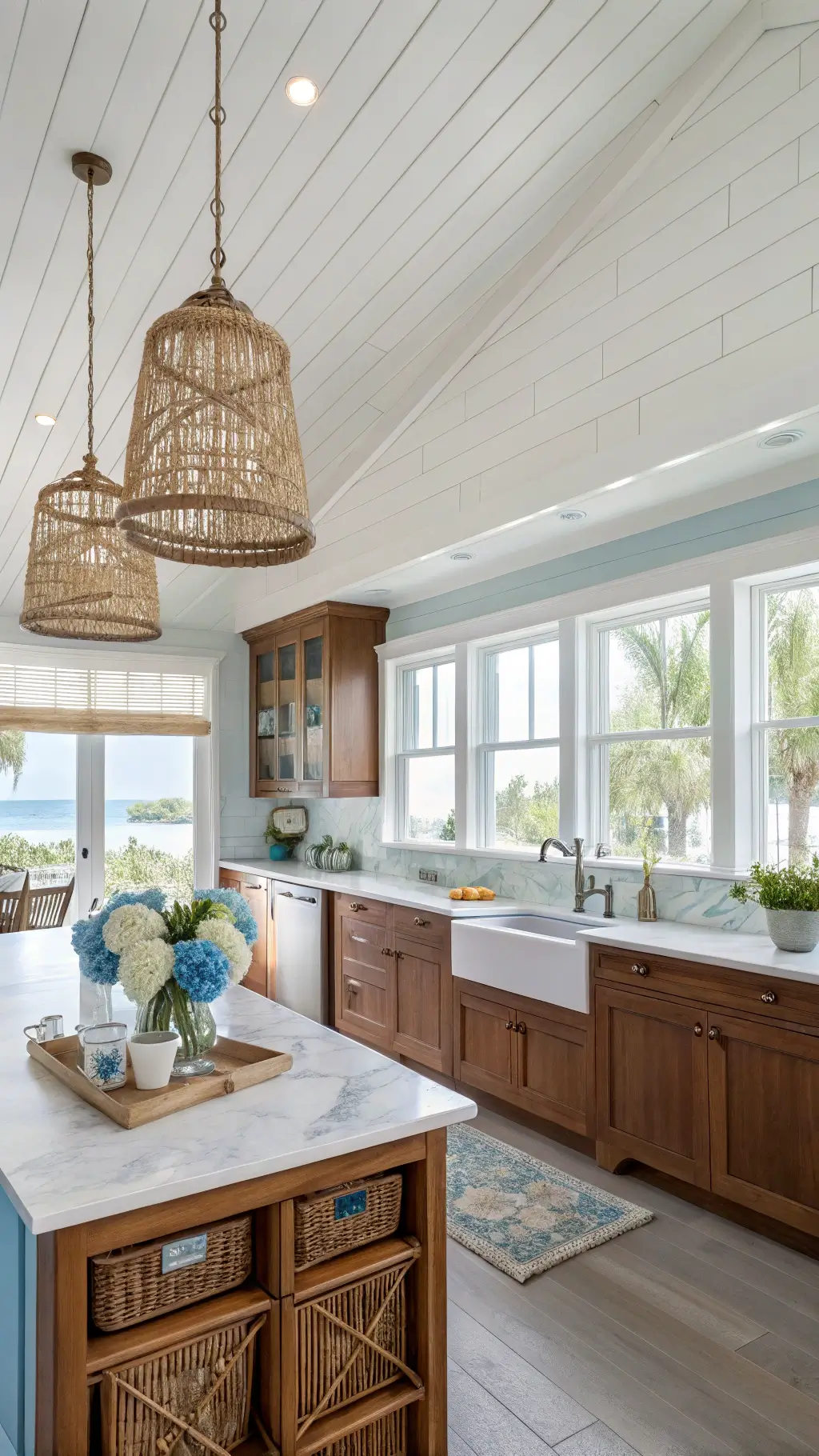 Coastal kitchen with cherry wood cabinets, glass-front uppers, sea glass backsplash, rattan pendant lights, and beach-facing windows.
