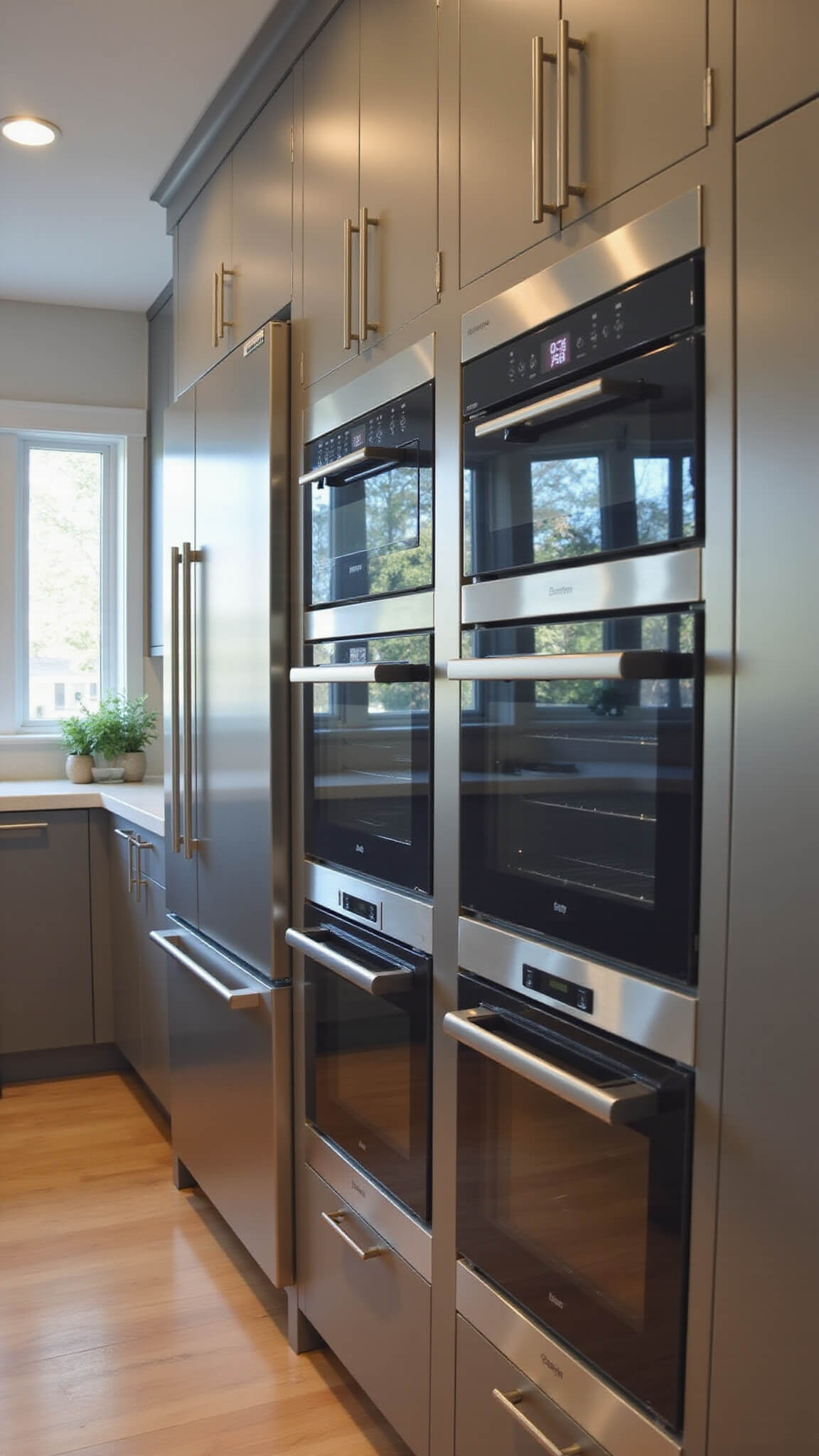Smart kitchen with fingerprint-resistant stainless steel smart appliances, including WiFi refrigerator, double ovens, and interactive display, evenly lit by under-cabinet LEDs.