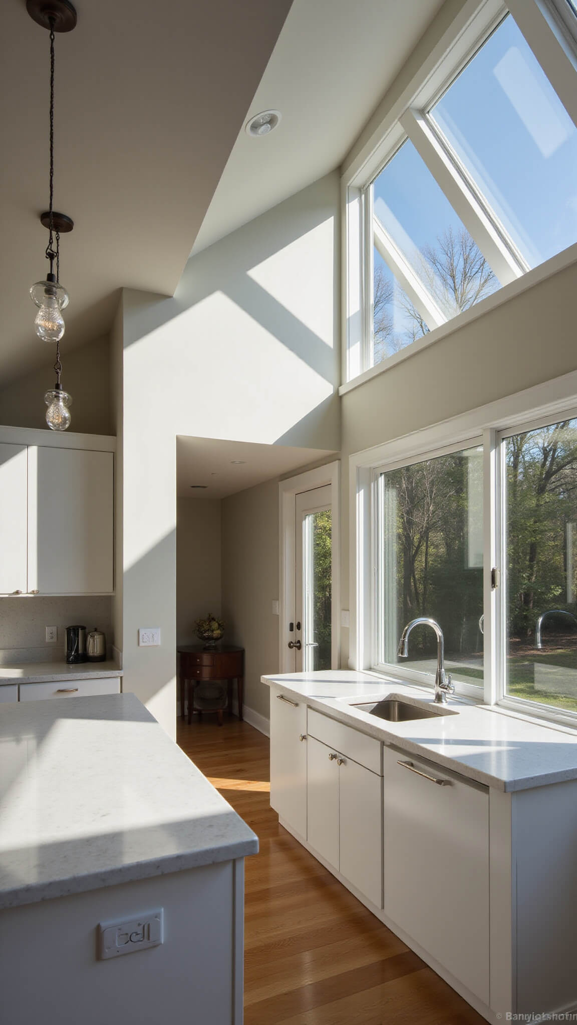 Sunlit dawn kitchen with tall windows, skylights casting shadows on white countertops, and glass pendants creating prismatic light effects.