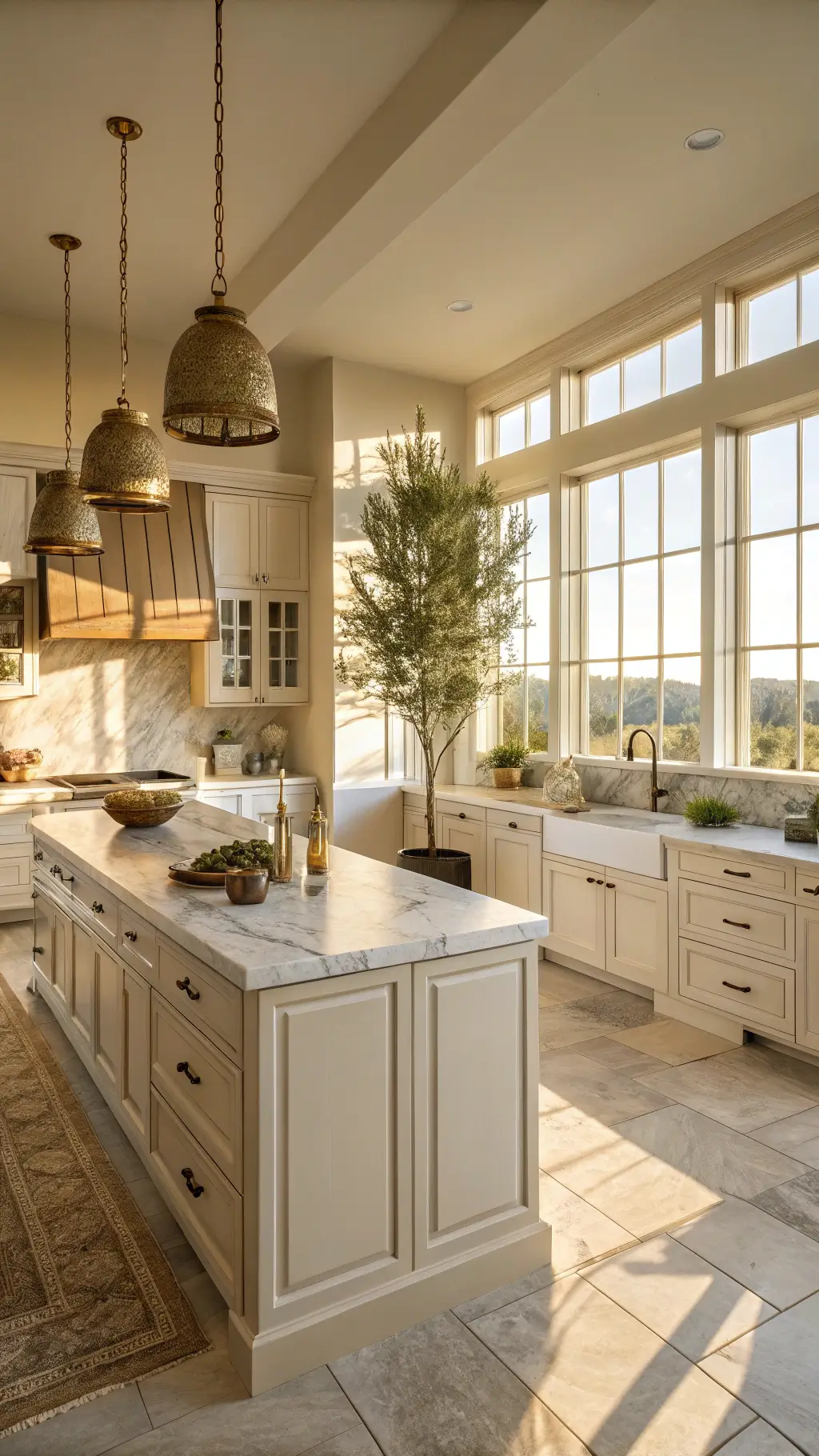Modern beige shaker kitchen with Calacatta marble, sunlit island, and vintage brass accents during golden hour.
