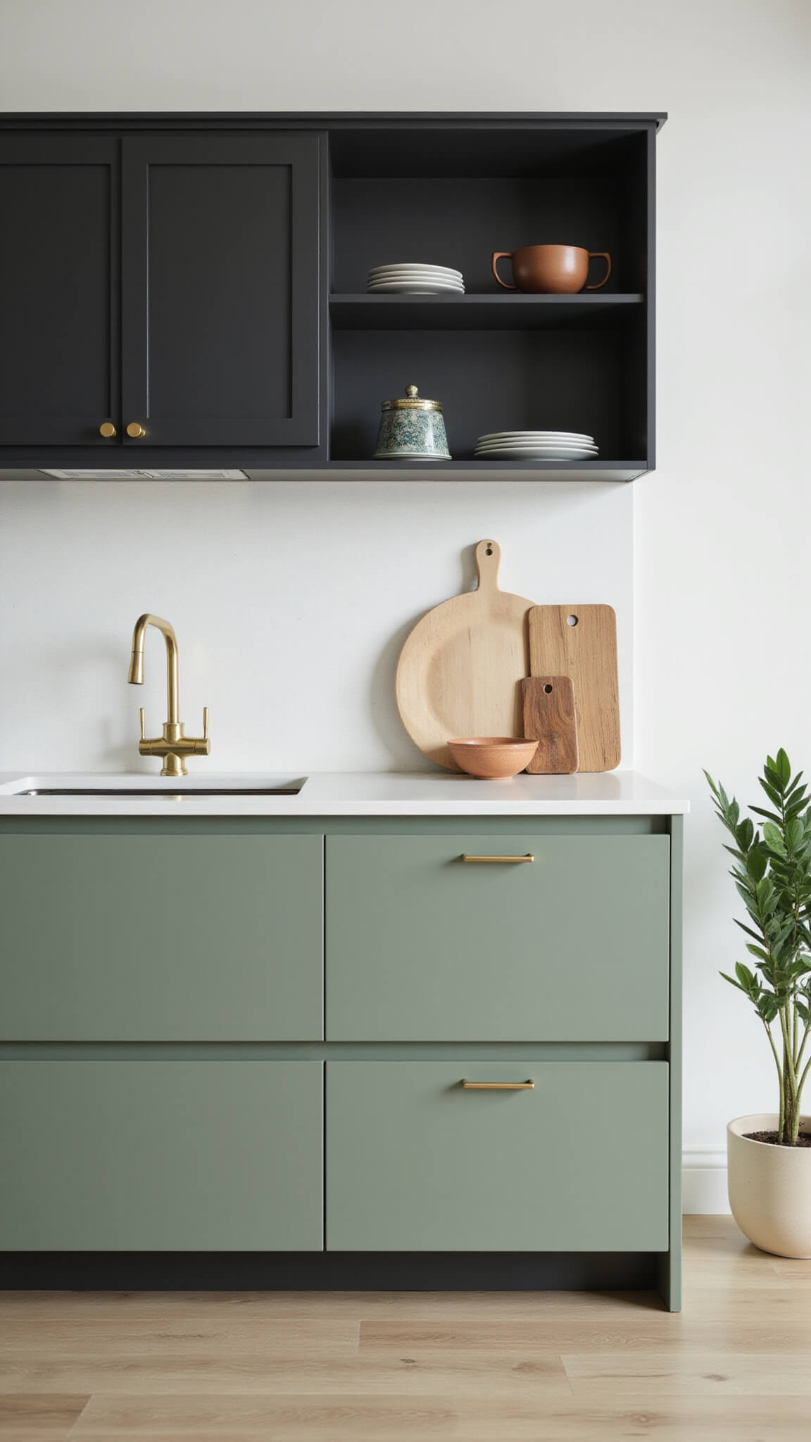 Color-focused kitchen with matte black upper cabinets, sage green lower cabinets, brass hardware, and pale oak flooring in diffused afternoon light.
