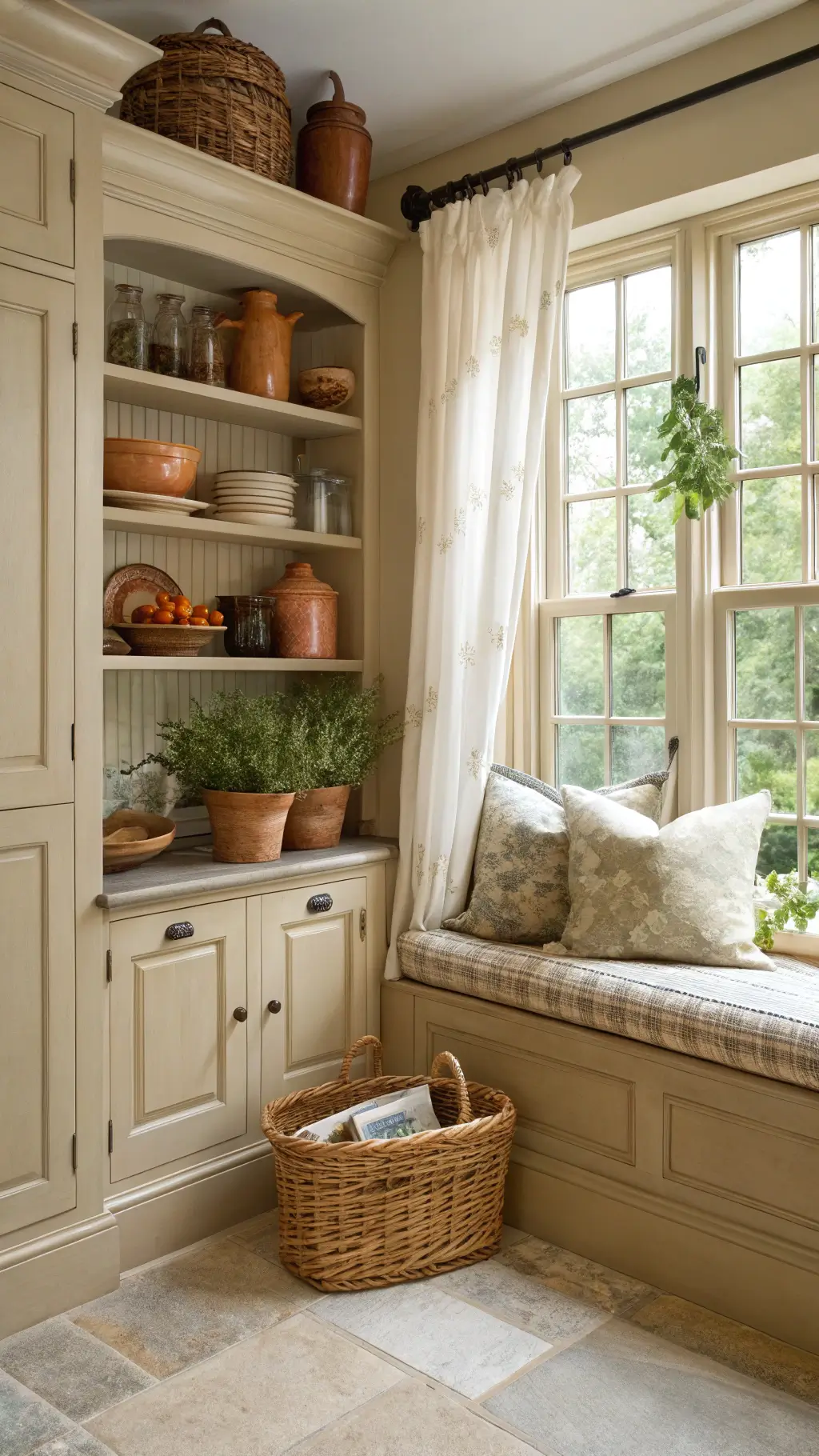 Cozy farmhouse kitchen nook at dawn with beige cabinets, window seat, earth-toned ceramics, and soft natural lighting.