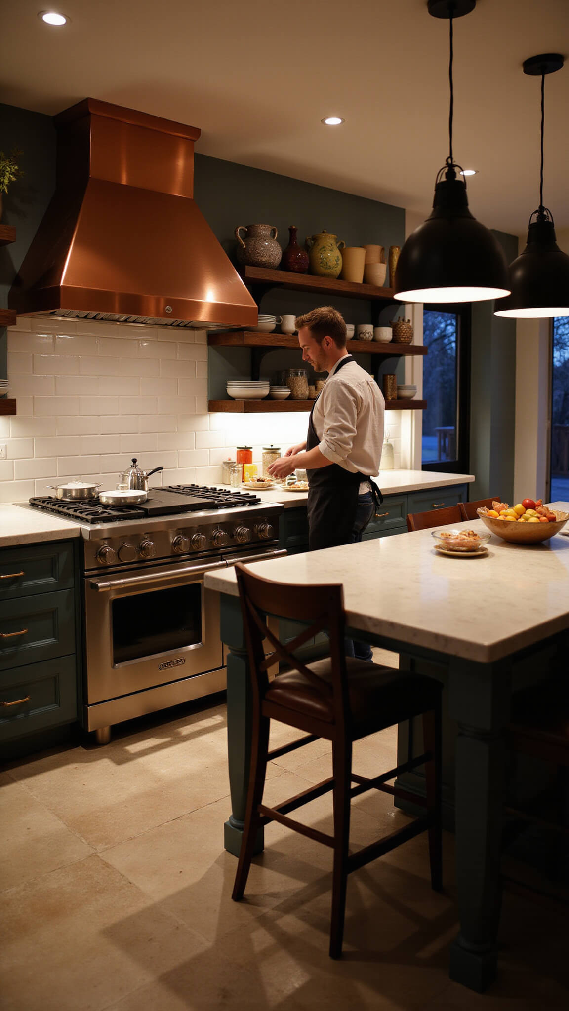 Evening kitchen scene with island dining, chef-grade range with copper hood, open shelving, and warm ambient lighting.
