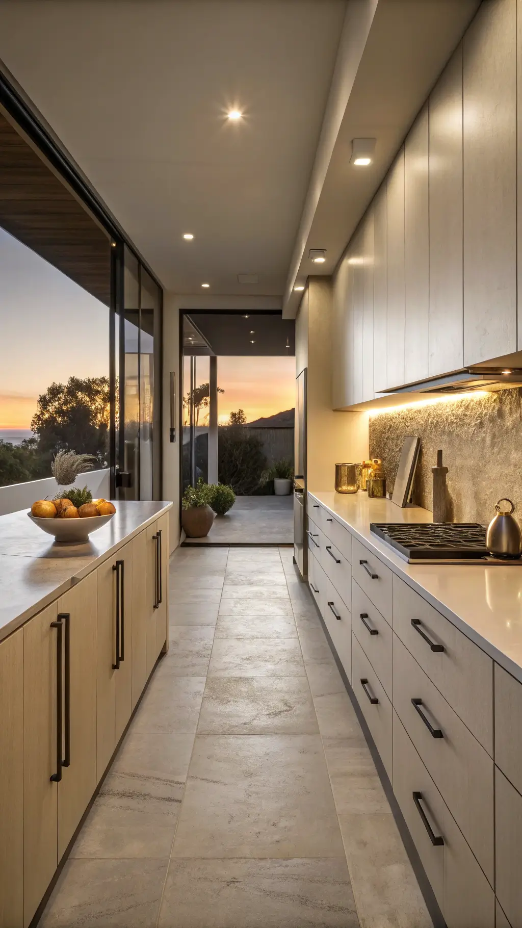 Contemporary 10'x14' galley kitchen with beige flat-panel cabinets, quartz waterfall island, and moody sunset lighting highlighting minimalist design and modern decor.