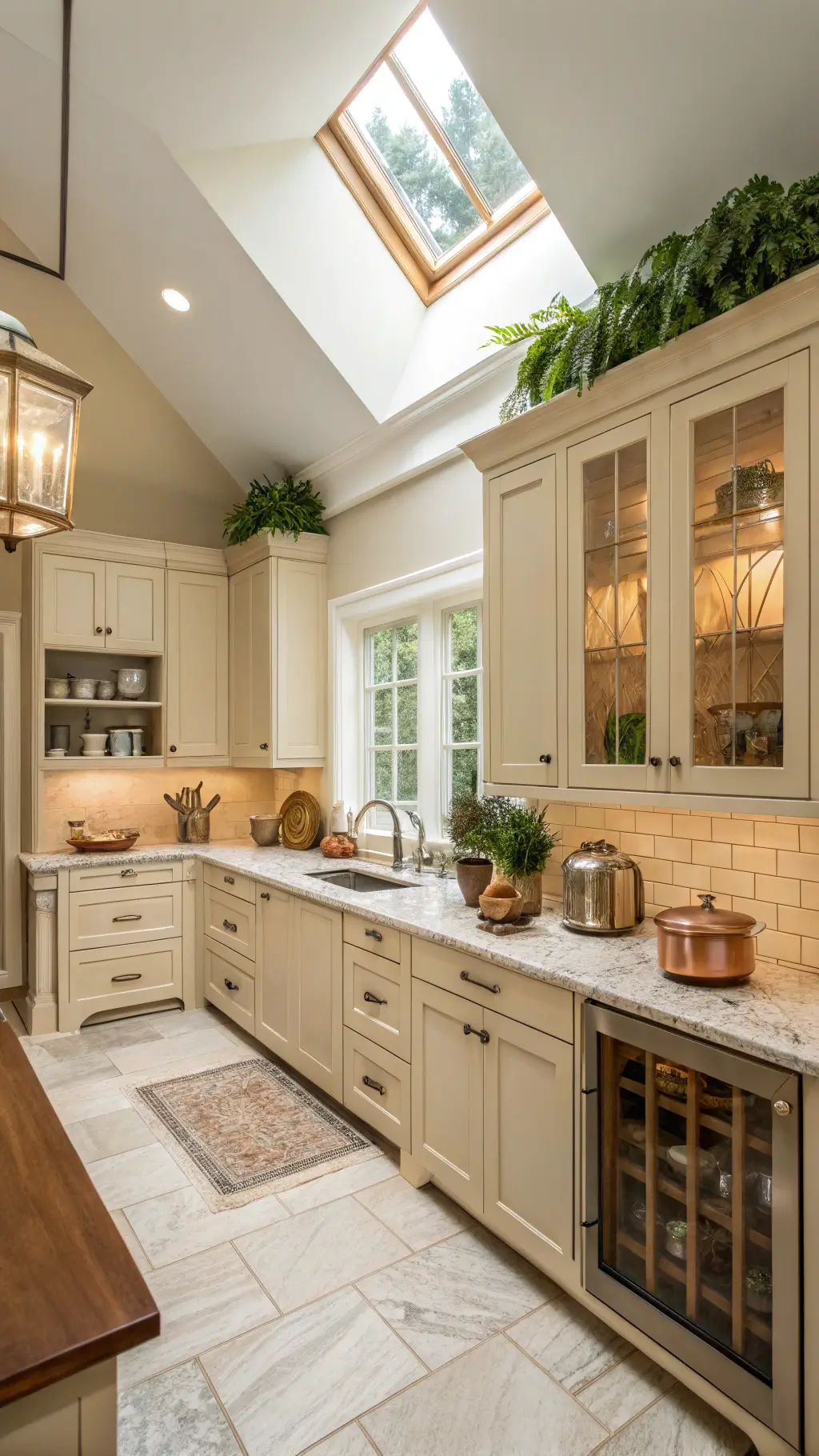 Elevated view of a bright, airy transitional L-shaped kitchen with beige inset cabinets, cathedral ceiling skylights, and copper, marble, and greenery accents.