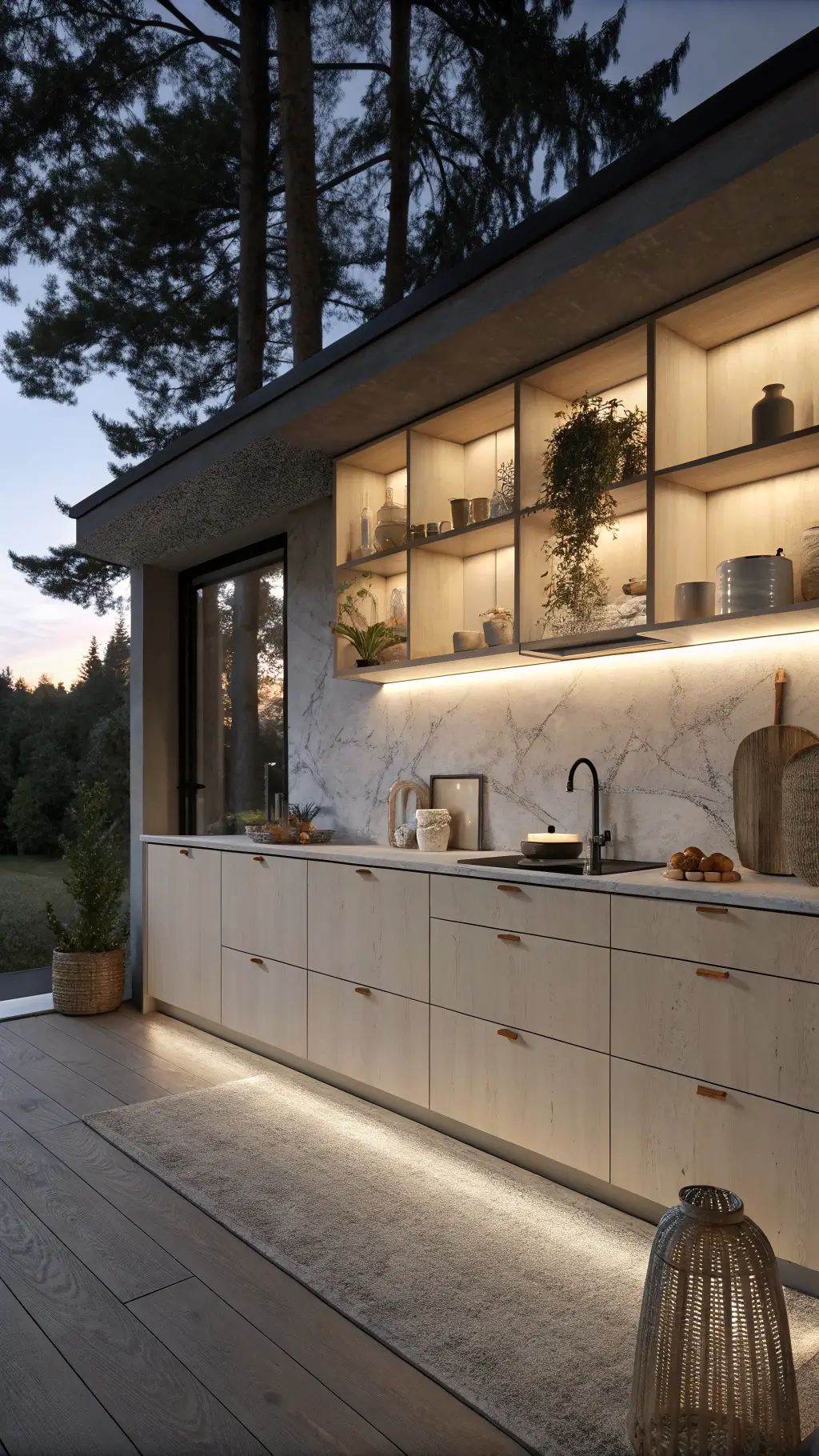 Scandinavian-style kitchen with beige slab cabinets, open shelves displaying white ceramics, and warm interior lighting at dusk.