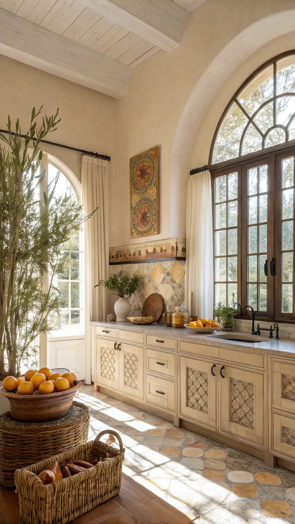 Mediterranean-style kitchen with textured beige cabinets, arched sunlit windows, hand-painted tile backsplash, and terracotta and citrus accents in warm earthy tones.