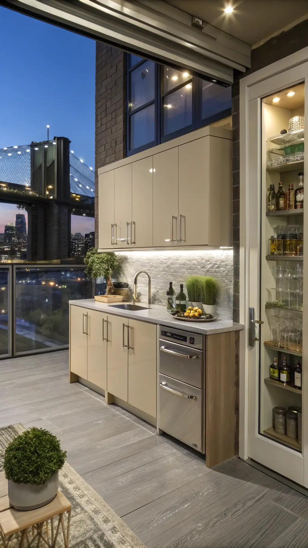 Compact urban kitchen with beige high-gloss cabinets, industrial windows showing city lights, and a space-saving island; features metallic accents, glass canisters, and greenery in a sophisticated blue hour glow.