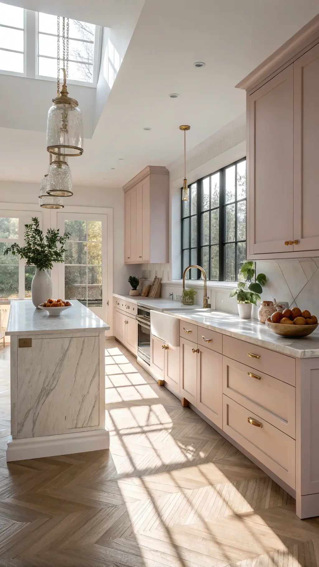 Blush pink shaker kitchen with brass hardware, waterfall quartz island, and warm sunlight on herringbone wood floors.