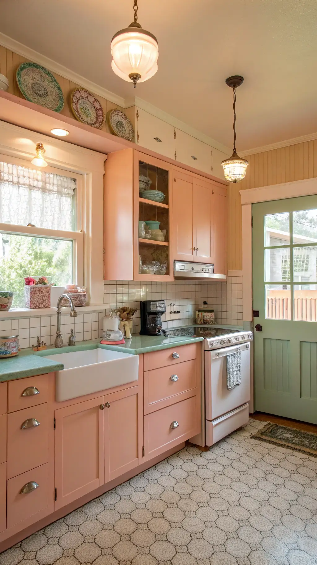 Vintage-inspired 12x12ft kitchen with salmon pink cabinets, 1950s appliances, and golden hour lighting, featuring crystal pendants, jadeite dishware, fresh peonies, and a retro scale.