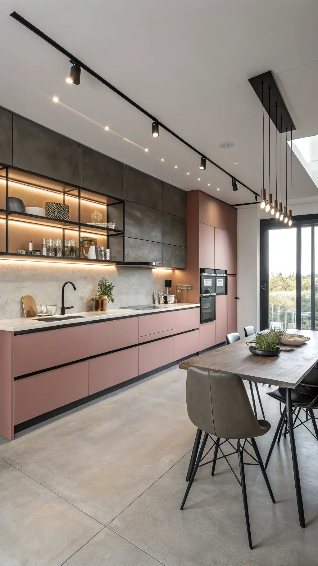 Modern open-concept kitchen with dusty rose cabinets, black fixtures, and concrete floors, featuring LED lighting and minimalist decor.