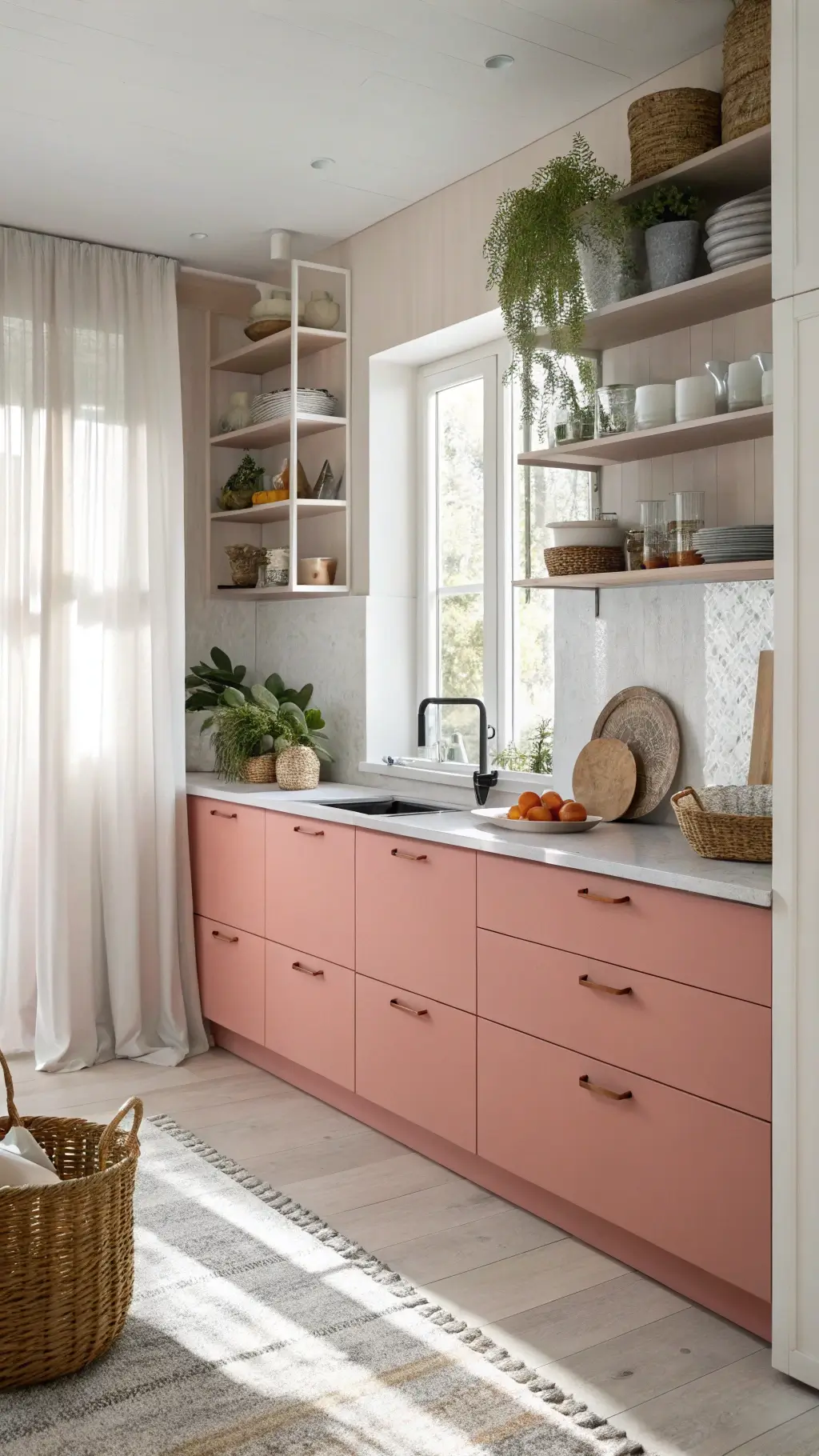 Scandinavian-style 14x16ft kitchen with coral pink IKEA cabinets, terrazzo countertops, white oak open shelving displaying pottery, and morning light through sheer curtains.