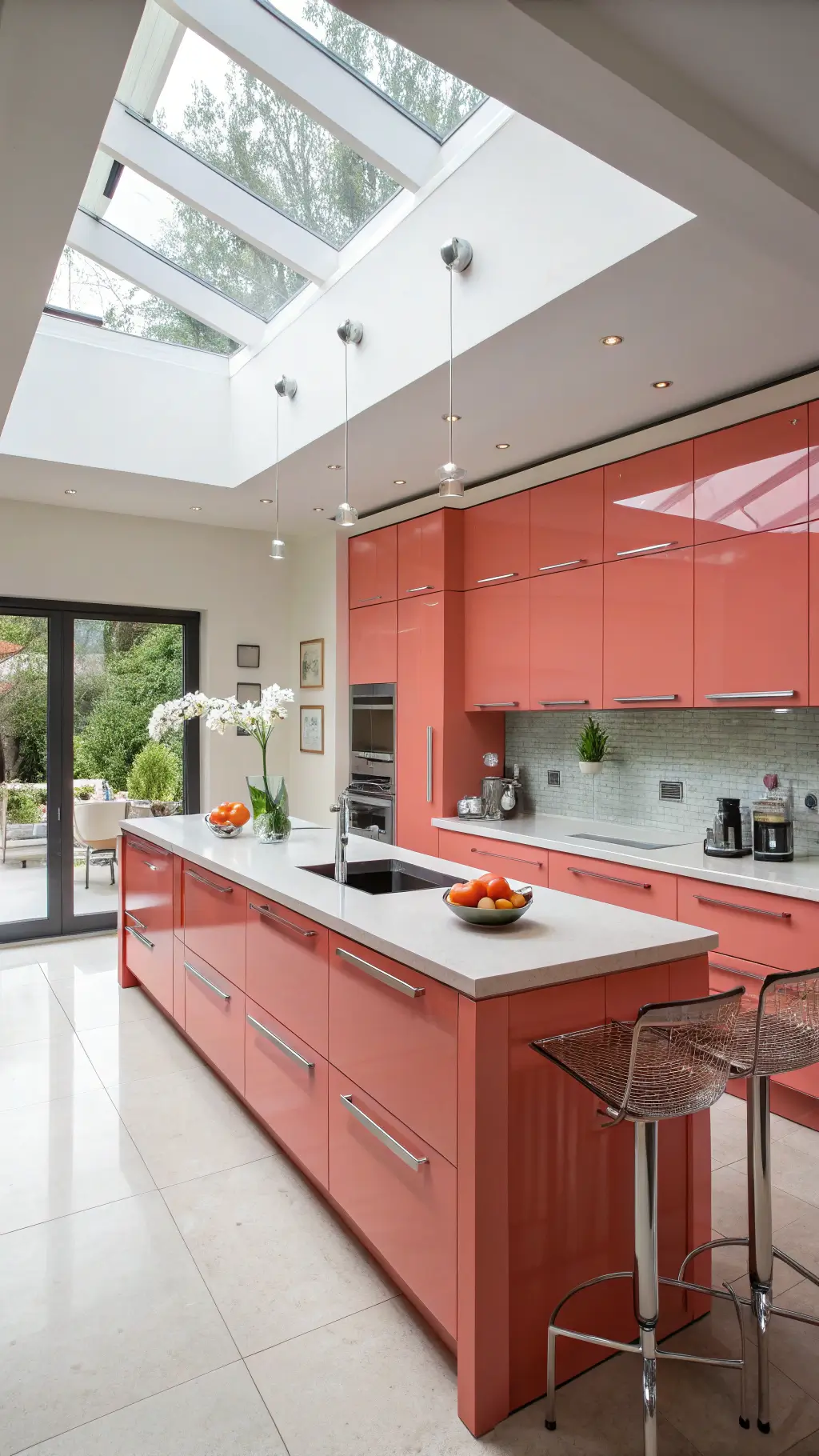 Modern coral pink kitchen with high-gloss cabinets, white Corian waterfall island, skylight illumination, and chrome accents.