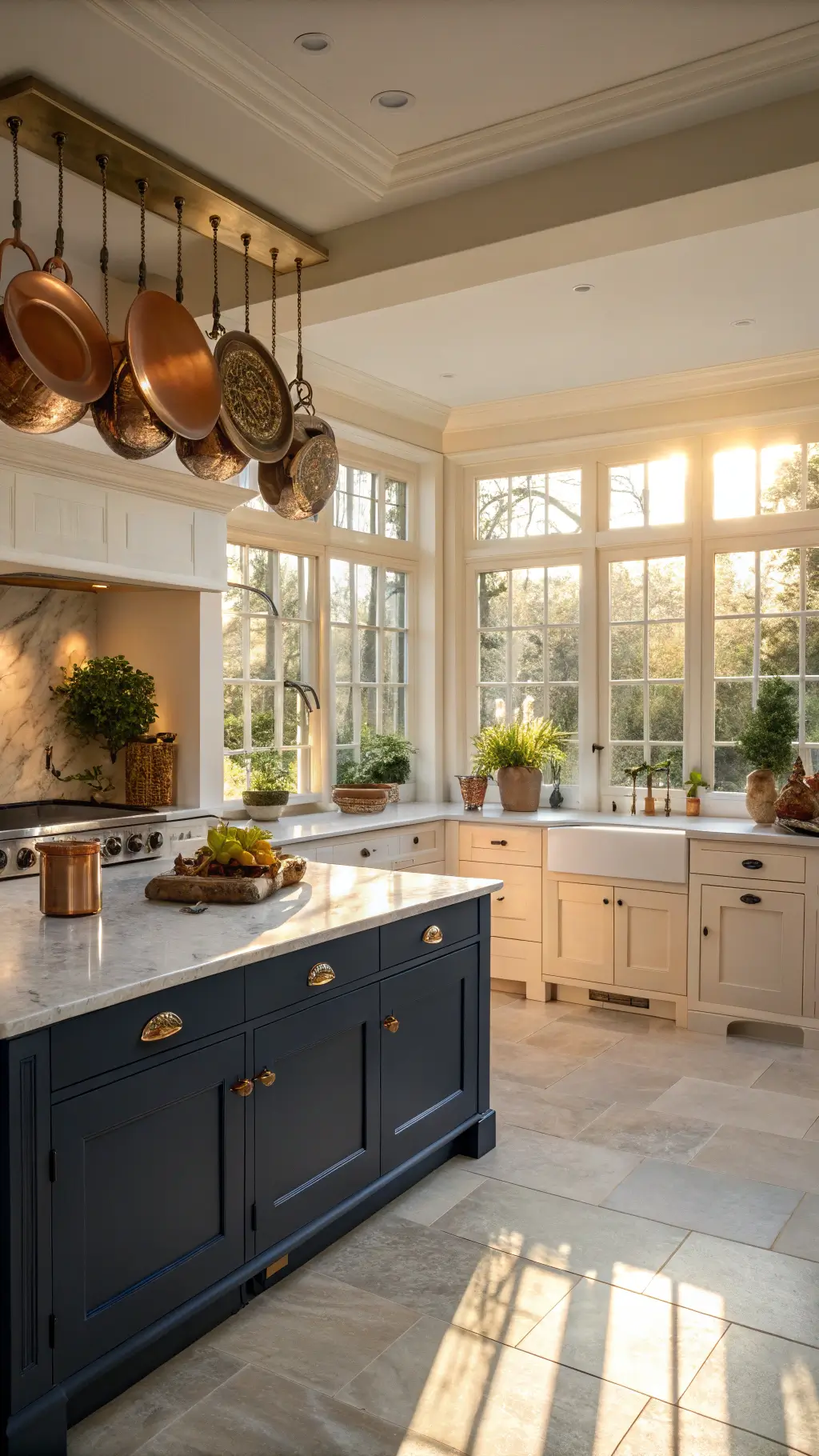 Modern Shaker kitchen with white floor-to-ceiling cabinets, navy island, marble countertops, and morning sunlight streaming through east-facing windows.