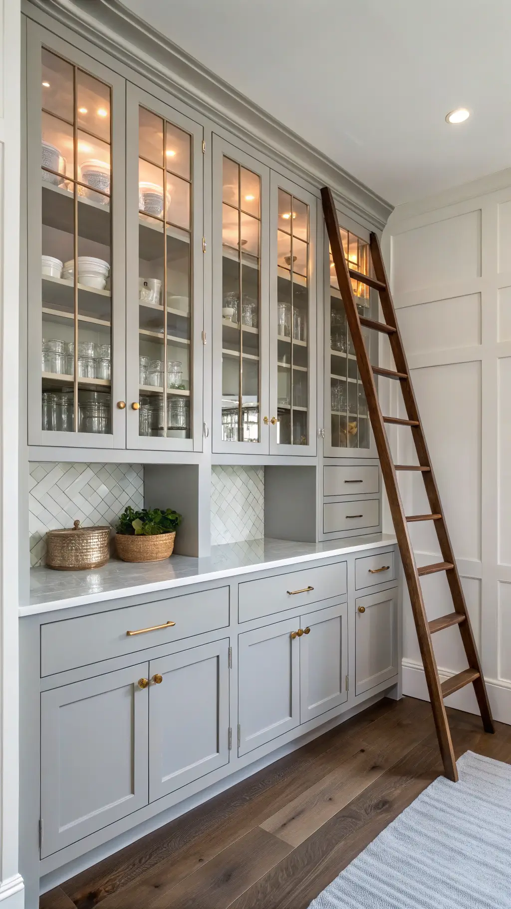 Minimalist Shaker-style butler's pantry with light gray floor-to-ceiling cabinets, brass hardware, glass-front uppers displaying organized provisions, and a wooden ladder rail system.