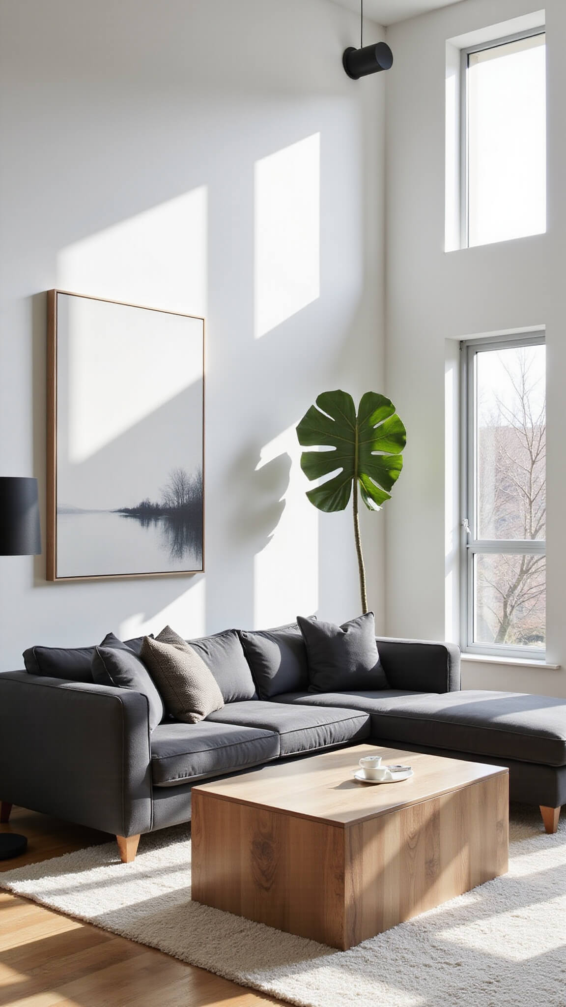 Photorealistic minimalist living room with charcoal gray sectional, bleached oak coffee table, floor-to-ceiling windows, and soft morning light.