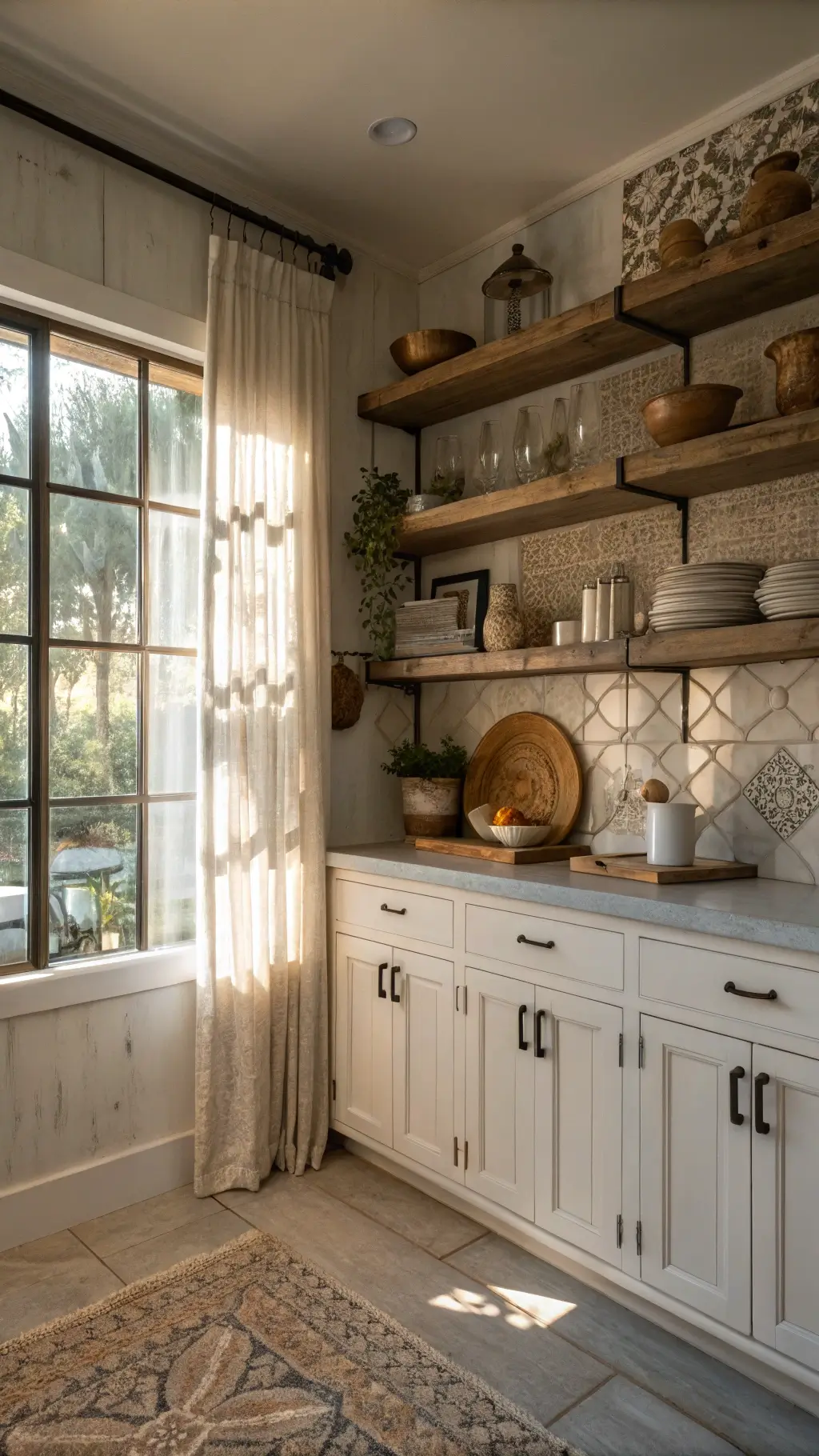L-shaped rustic-modern Shaker kitchen corner with off-white cabinets, open wooden shelves displaying ceramics, and patterned cement tile backsplash in warm afternoon light.