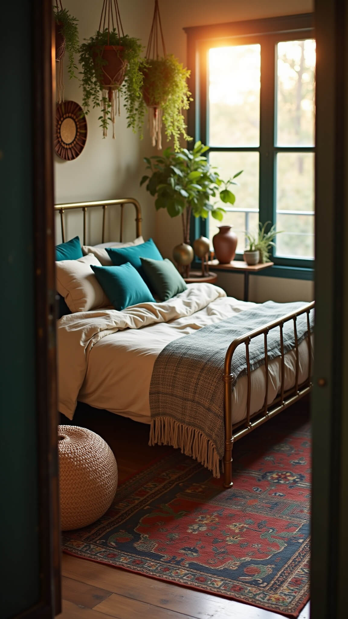 Bohemian bedroom with vintage brass bed, jewel-toned pillows, macramé planters, Moroccan rug, and rattan furniture bathed in golden hour light.