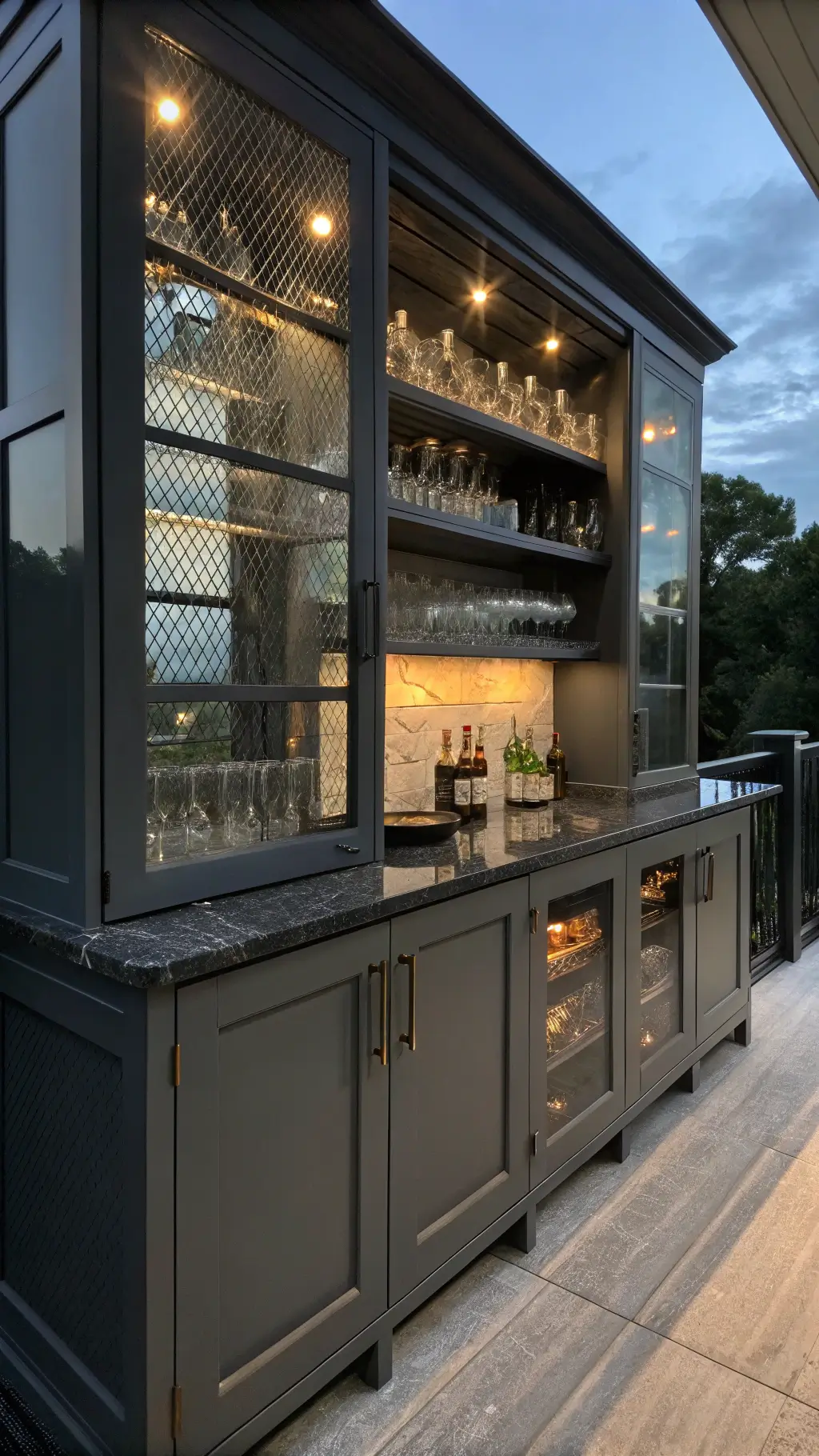 Contemporary Shaker-style bar nook with charcoal gray cabinets, glass uppers, backlit shelves, and black marble countertop in moody dusk lighting.