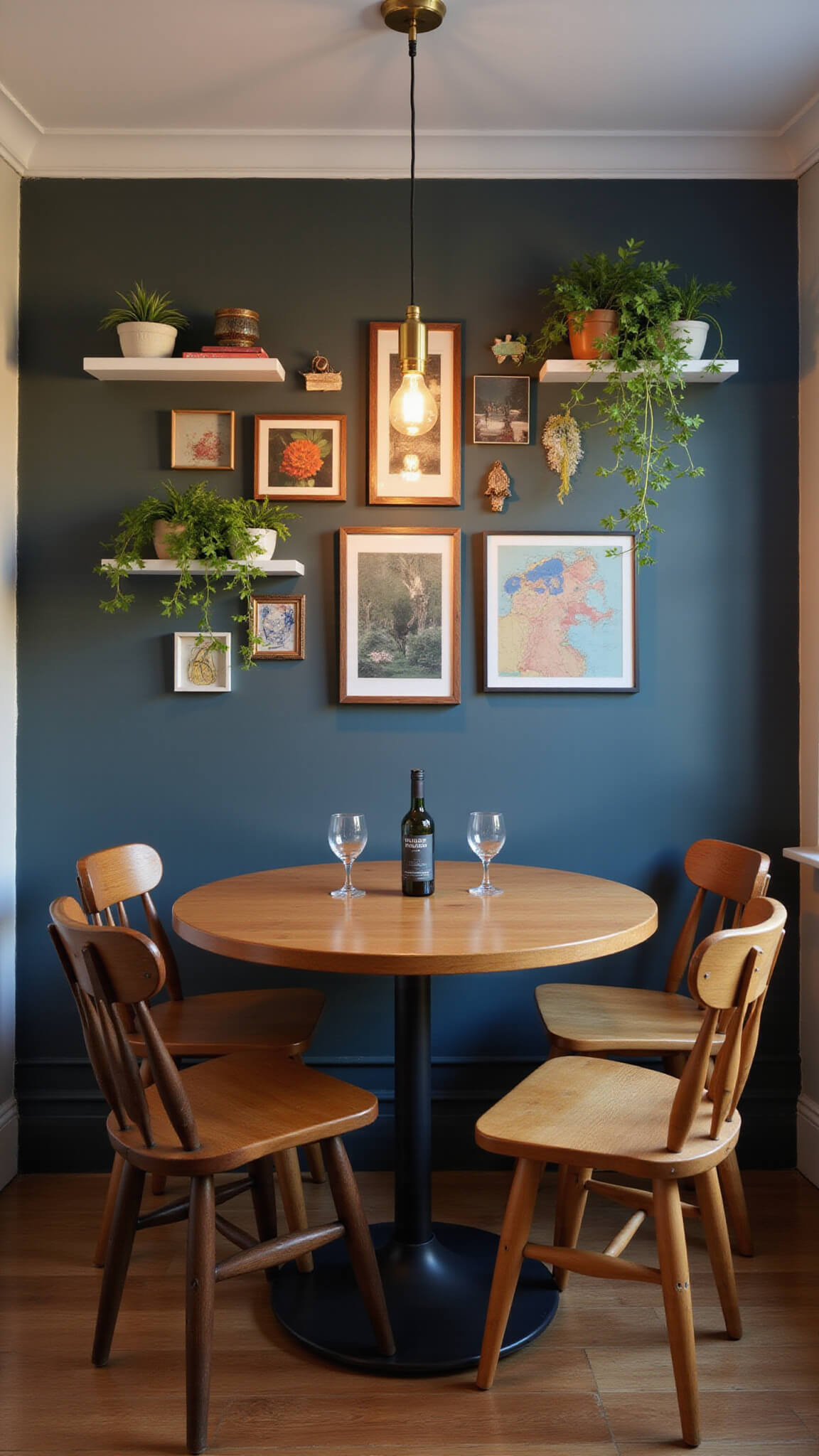 Eclectic 8x8ft dining nook during blue hour with mid-century table, mismatched vintage chairs, brass-framed gallery wall, warm pendant lighting, and trailing plants on shelves.