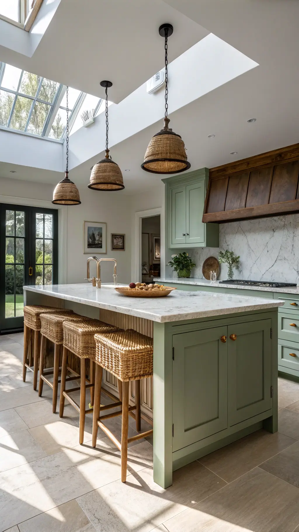 Elevated view of a sage green Shaker kitchen island with butcher block top, marble pastry section, rattan barstools, and pendant lights under mid-morning skylight.
