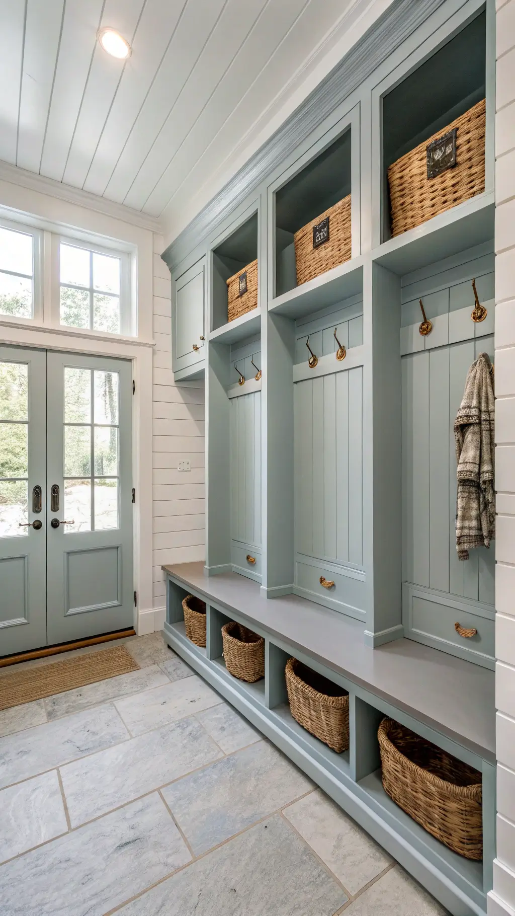 Bright coastal mudroom with soft blue-gray Shaker cabinets, brass hooks, woven baskets, limestone floor, and morning light through transom windows.