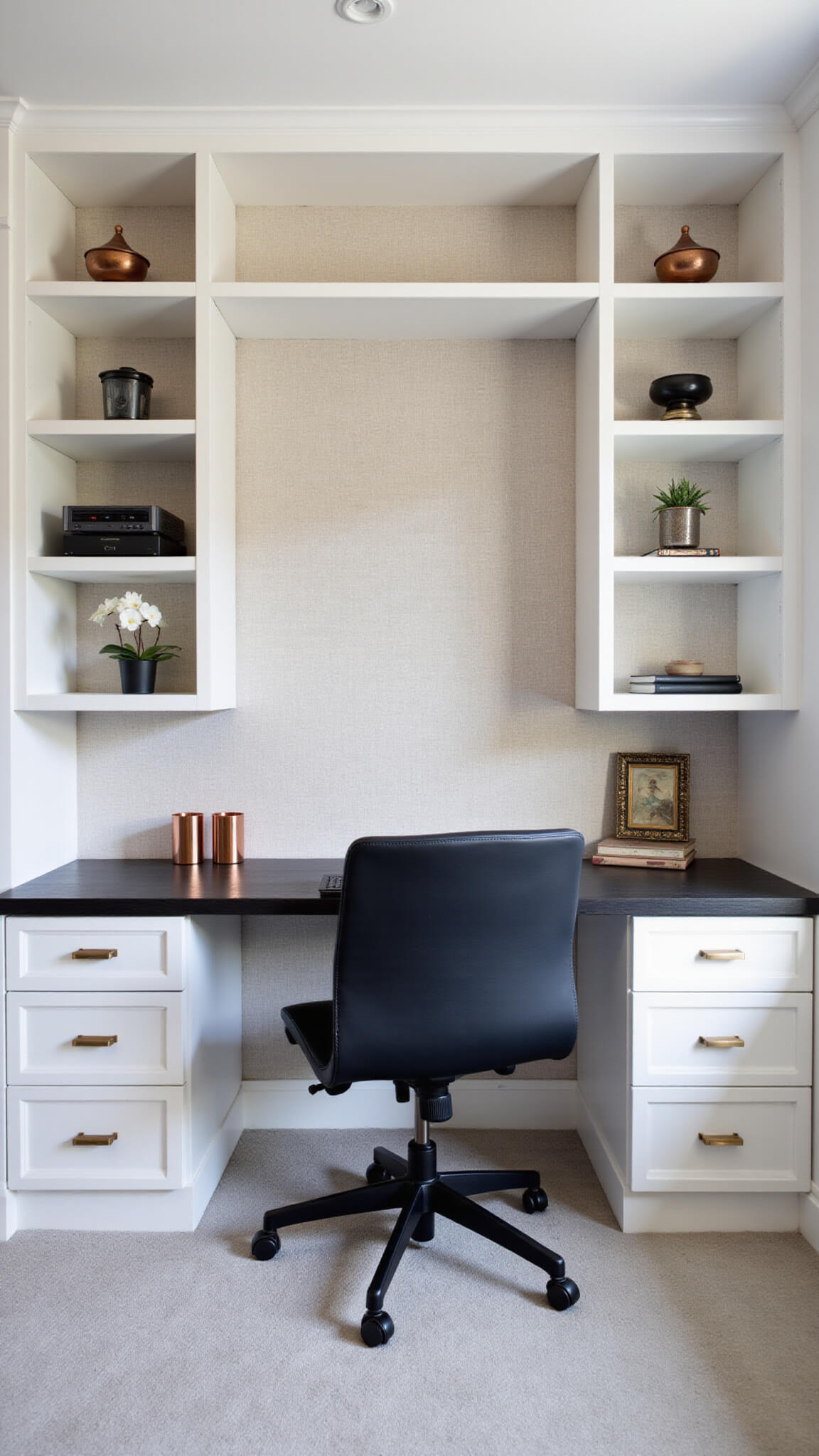 Minimalist 10x12ft home office with white built-in shelves, matte black desk, ergonomic chair, copper accessories, orchid, and grasscloth wallpaper in soft morning light.