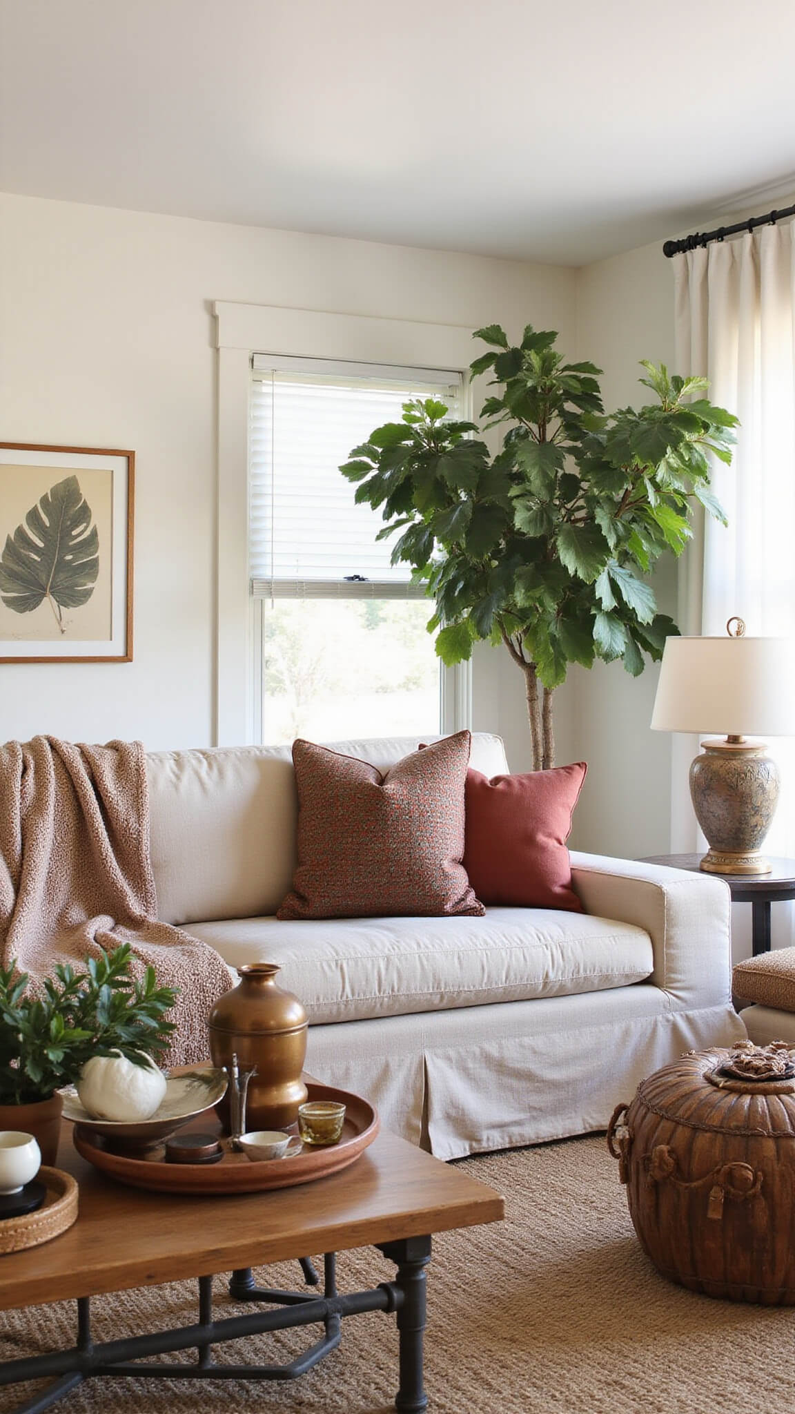 Cozy layered living room at sunset with oversized linen sofa, vintage Persian rug over sisal, mixed metal accents, and a dramatic fiddle leaf fig tree in the corner.