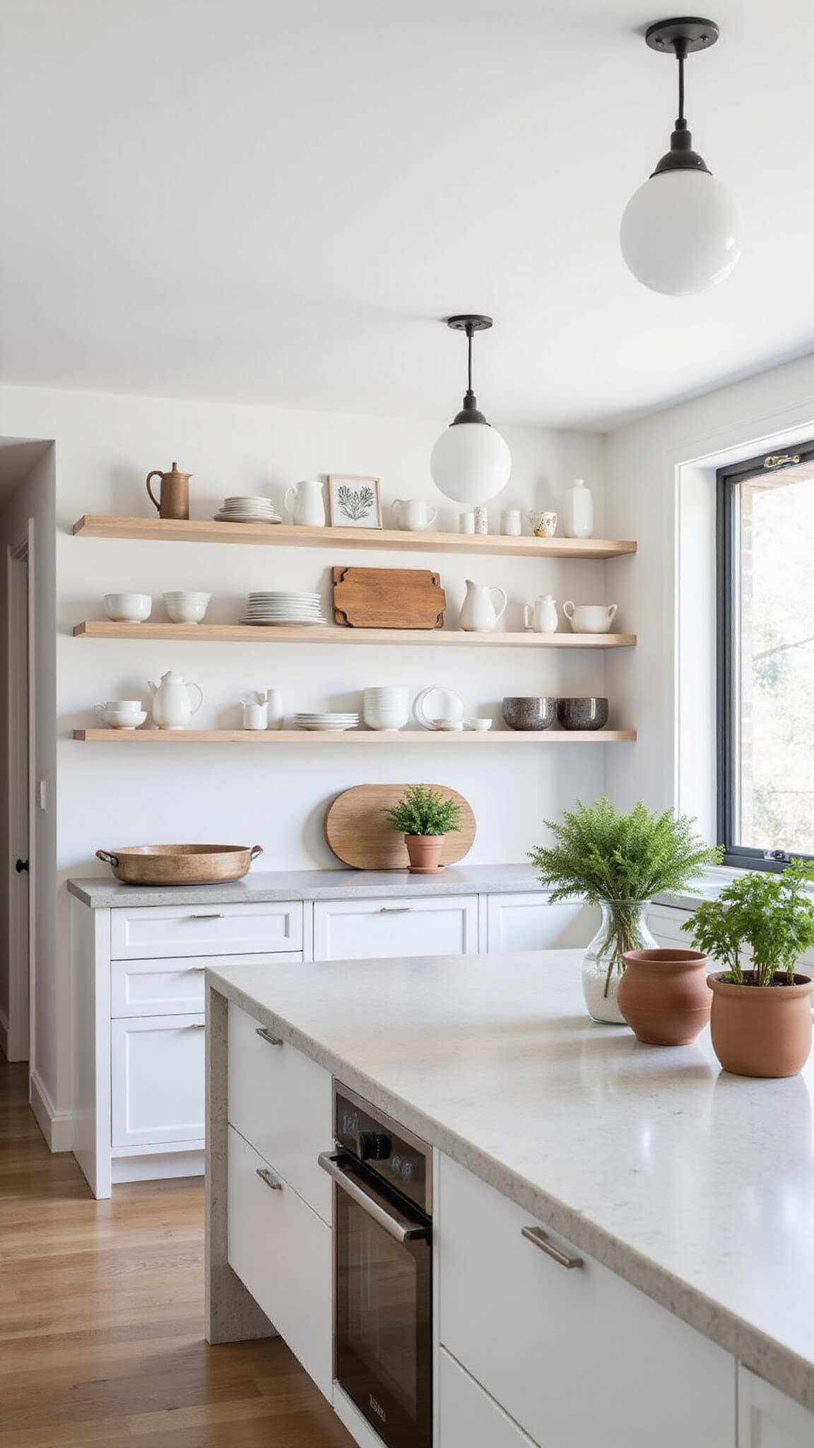 Bright Scandinavian kitchen with white cabinets, concrete counters, pale wood shelves, marble island, and terracotta potted herbs.