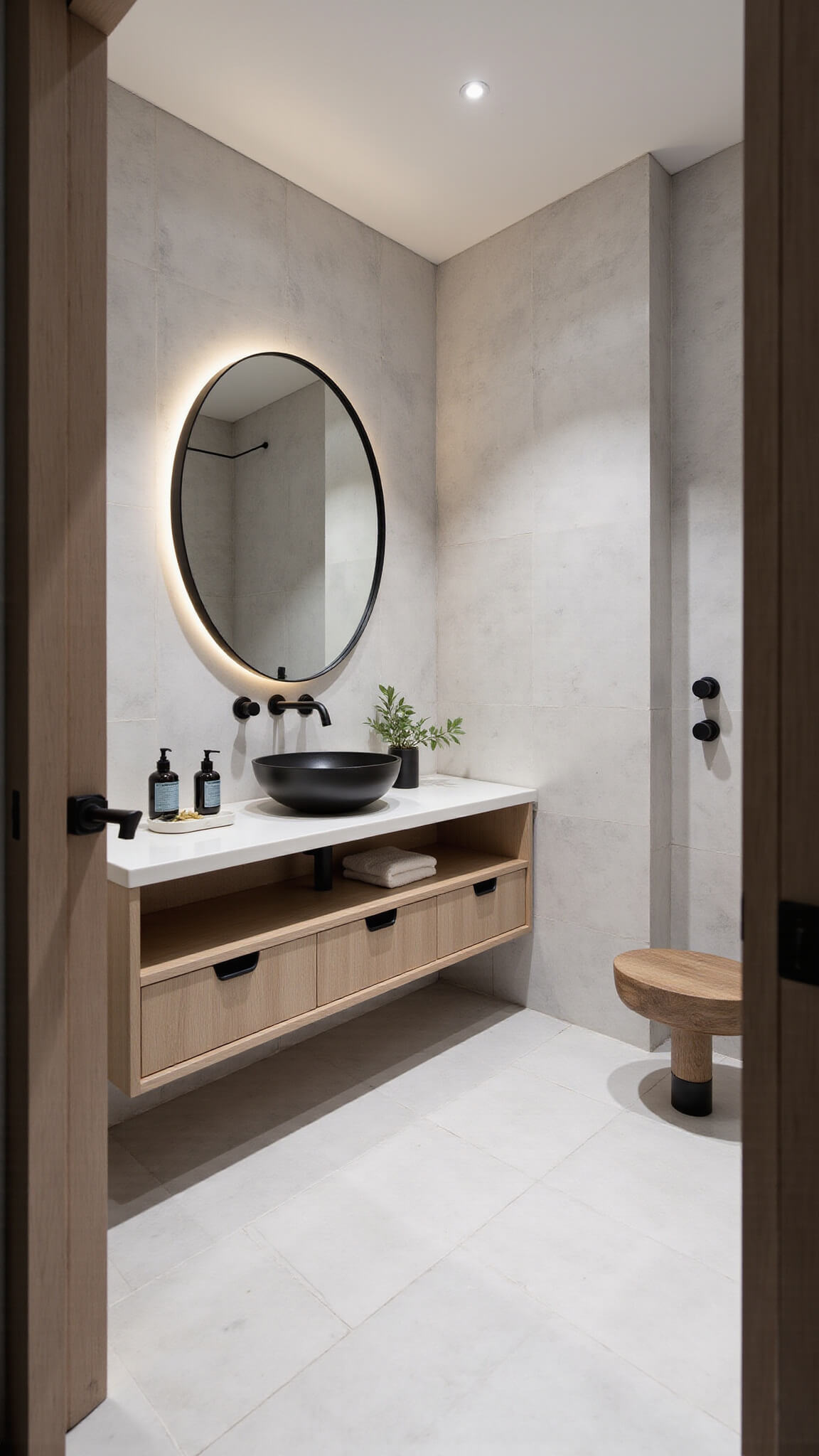 Modern 8x10ft bathroom with marble tiles, black fixtures, floating bleached oak vanity, vessel sink, round lighted mirror, and minimal spa-like decor at dawn.